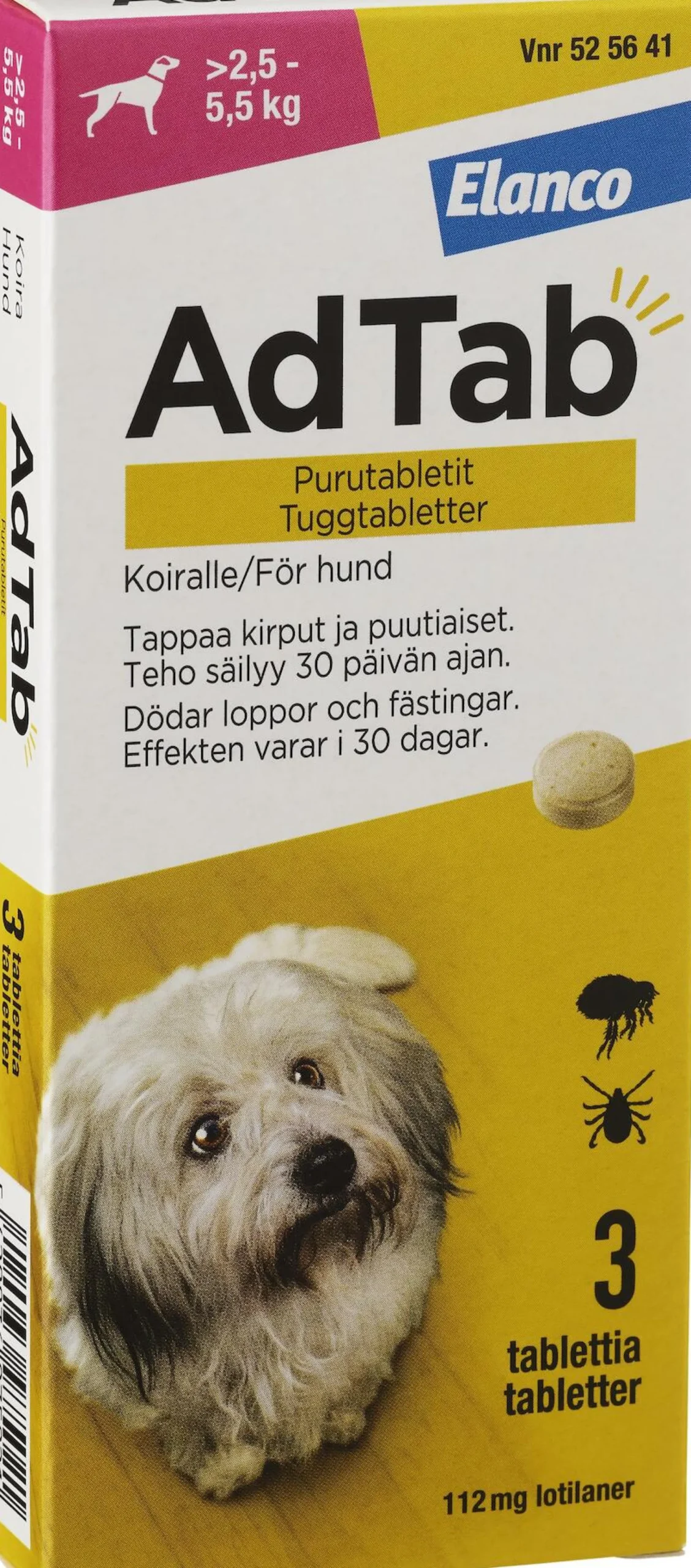 AdTab 112mg Fästingmedel Hund 2,5-5,5kg 3 tuggtabletter