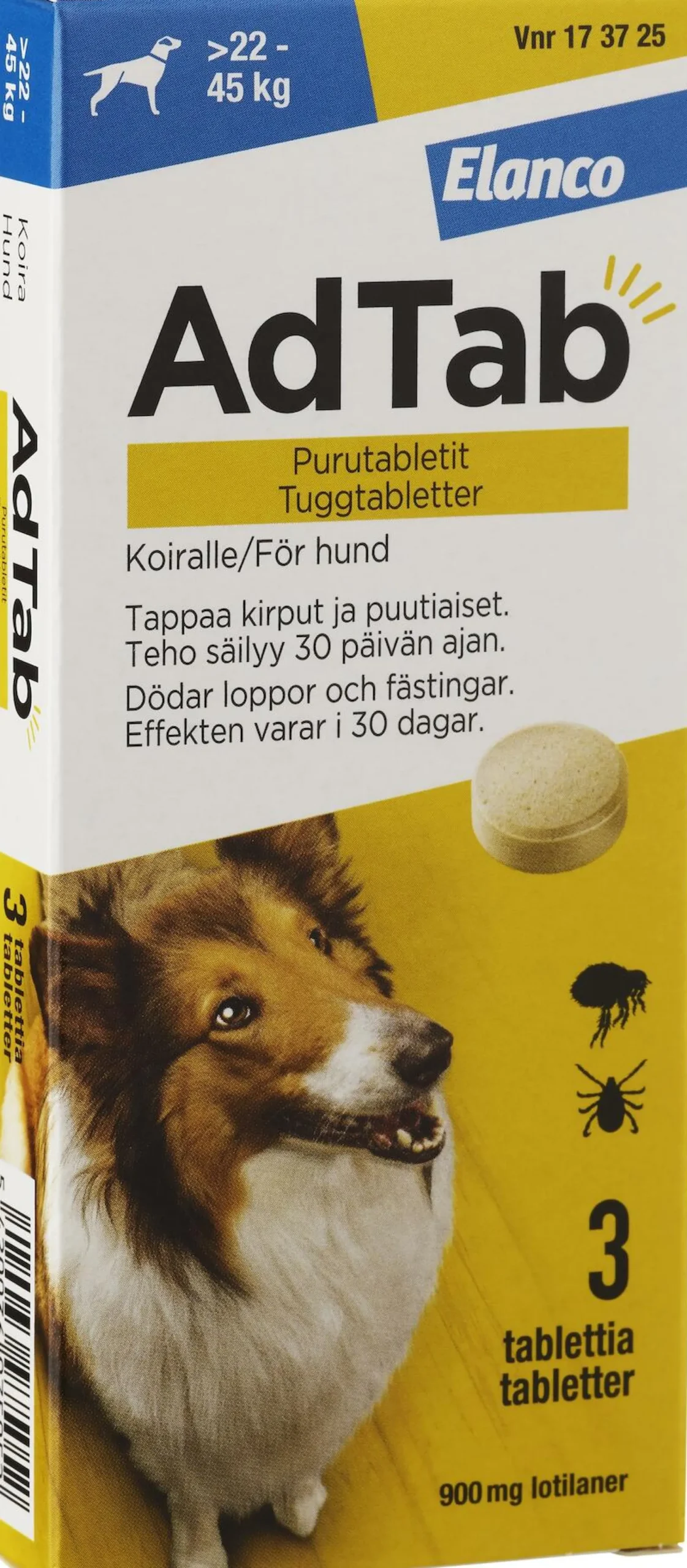 AdTab 900mg Fästingmedel Hund 22-45kg 3 tuggtabletter