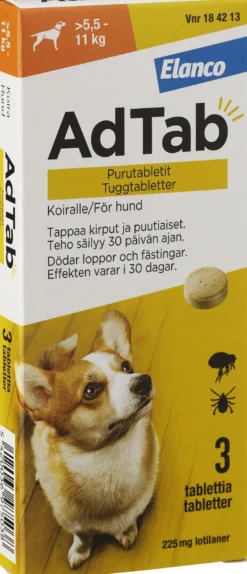 AdTab 225mg Fästingmedel Hund 5,5-11kg 3 tuggtabletter