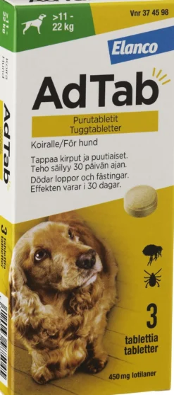 AdTab 450mg Fästingmedel Hund 11-22kg 3 tuggtabletter