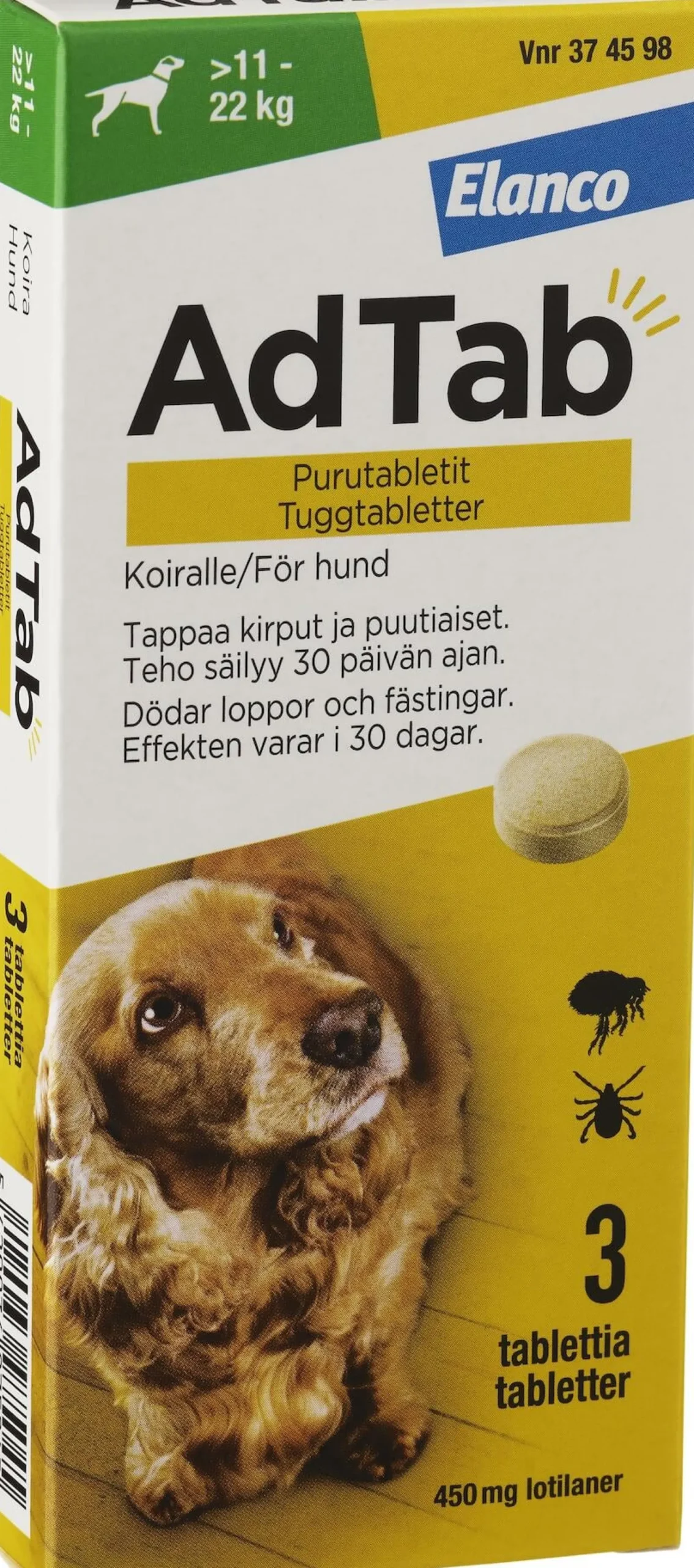 AdTab 450mg Fästingmedel Hund 11-22kg 3 tuggtabletter