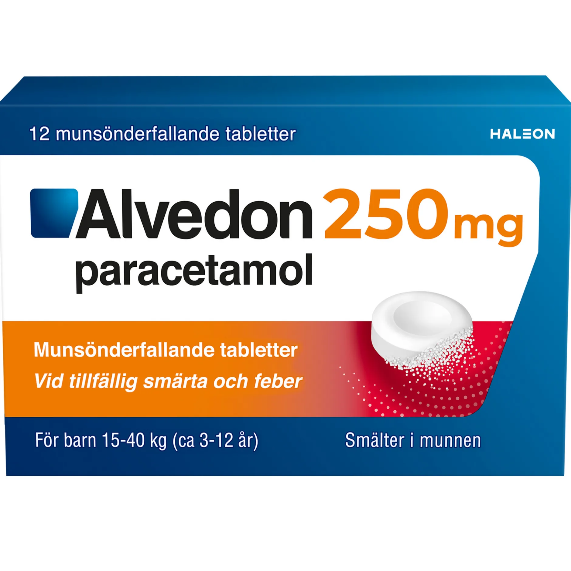 Alvedon 250 mg paracetamol(15-40 kg) Munsönderfallande Tabletter 12 st
