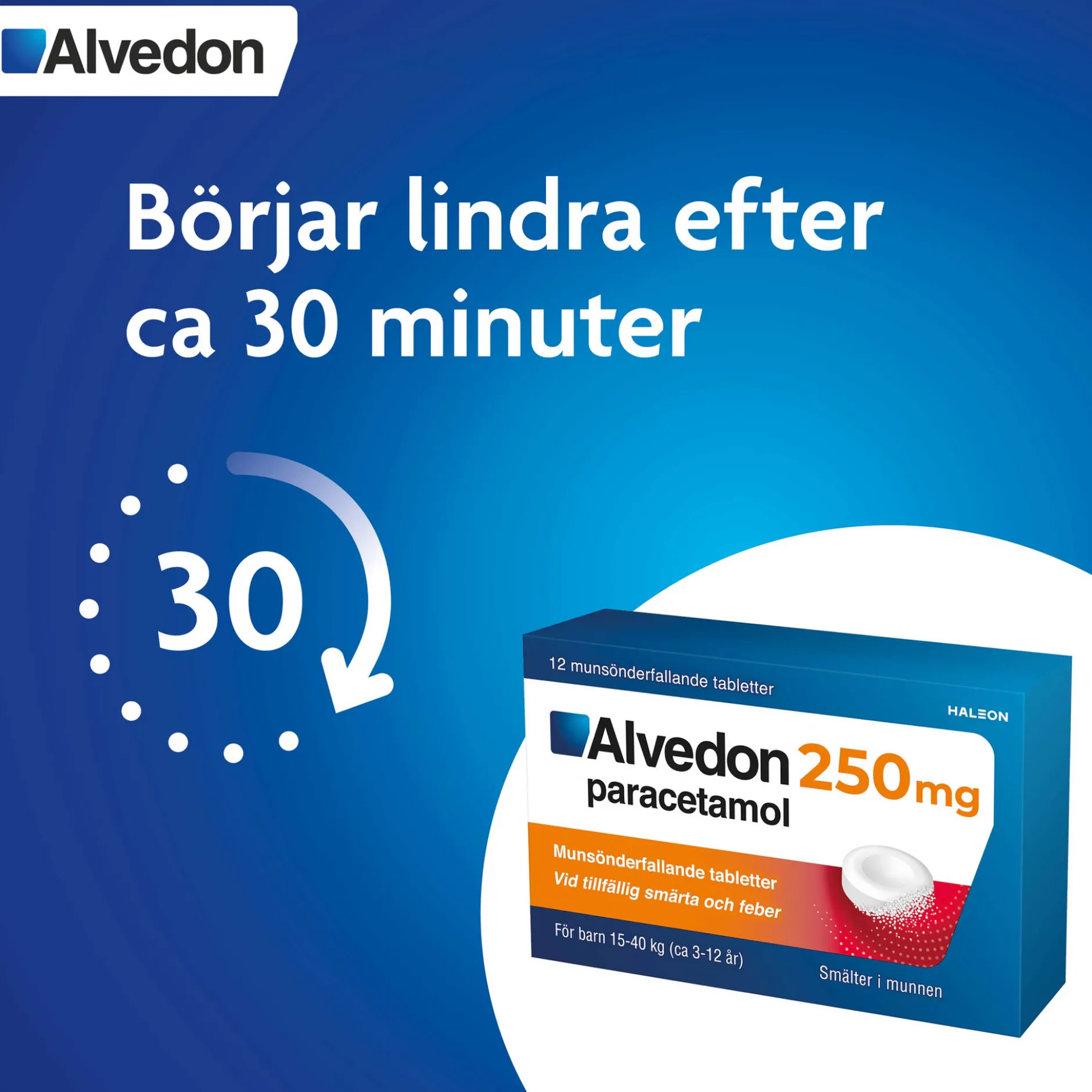 Alvedon 250 mg paracetamol(15-40 kg) Munsönderfallande Tabletter 12 st