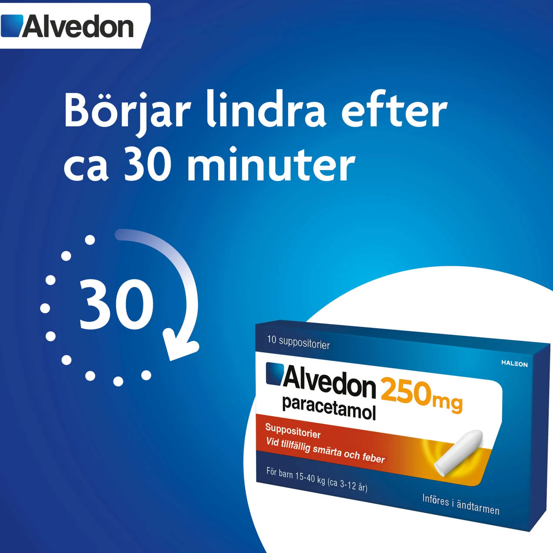 Alvedon Suppositorium 250mg paracetamol (för barn 15-40kg) 10 st