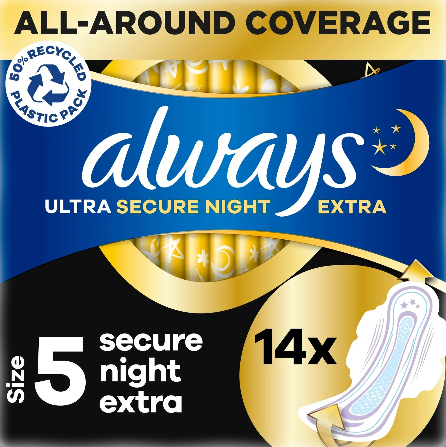 Always Ultra Secure Night Extra (Storlek 5) Bindor med vingar 14 st
