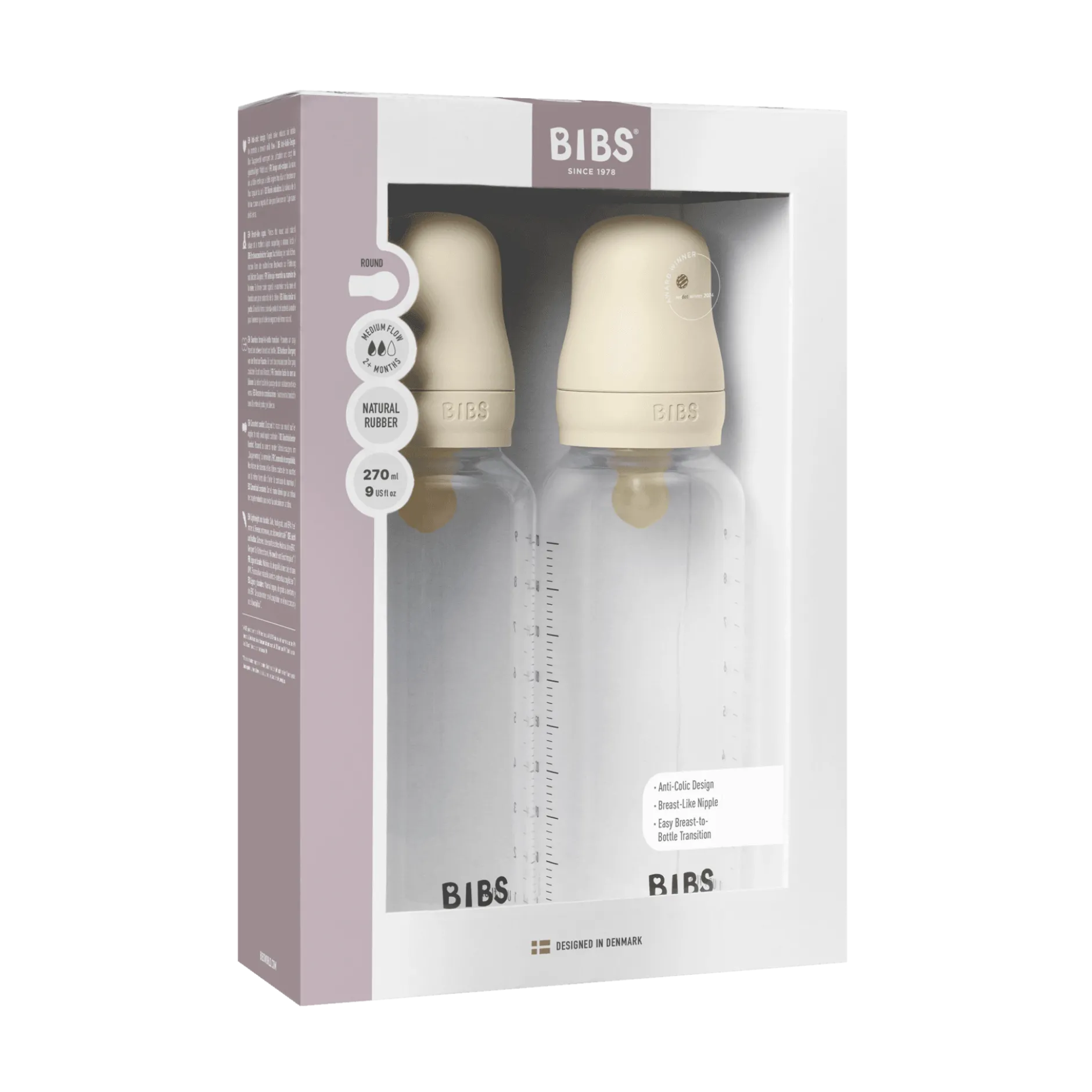 BIBS Baby Bottle Round Latex Medium Flow Ivory 270 ml 2-pack