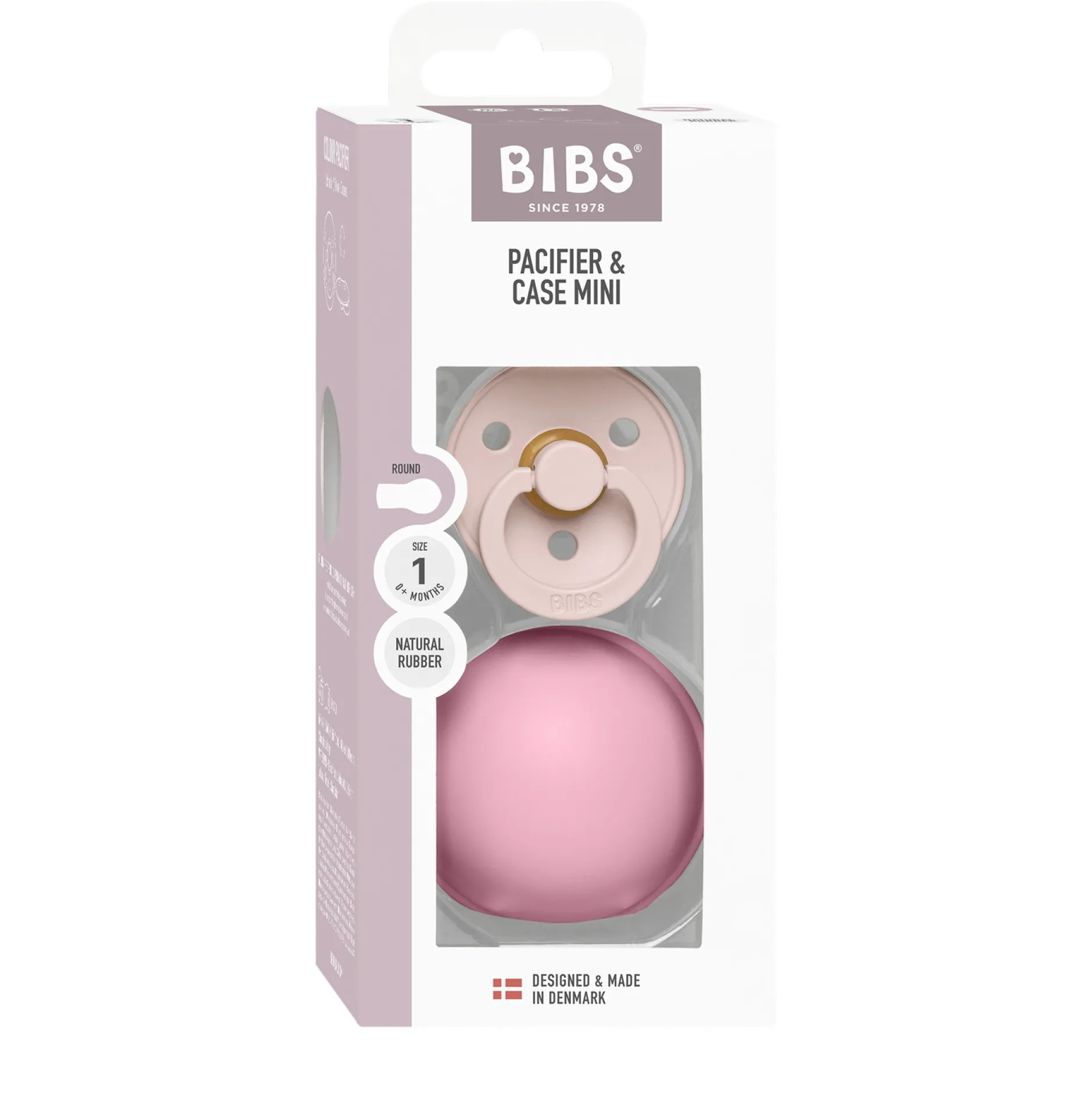 BIBS Colour Pacifier Round Latex Size 1 Petal & BIBS Pacifier Case Mini Baby Pink