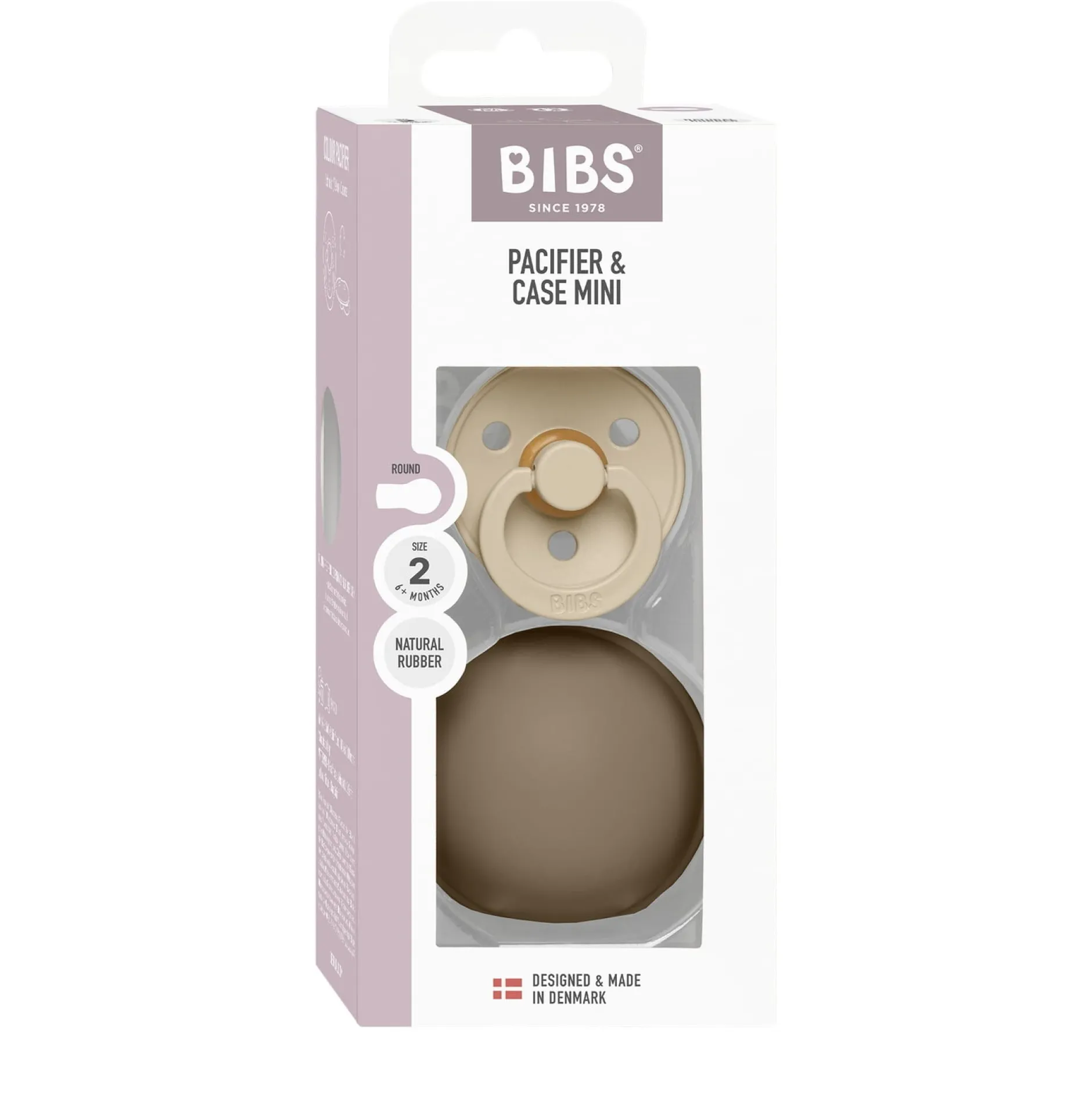 BIBS Colour Pacifier Round Latex Size 2 Vanilla & Pacifier Case Mini Dark Oak