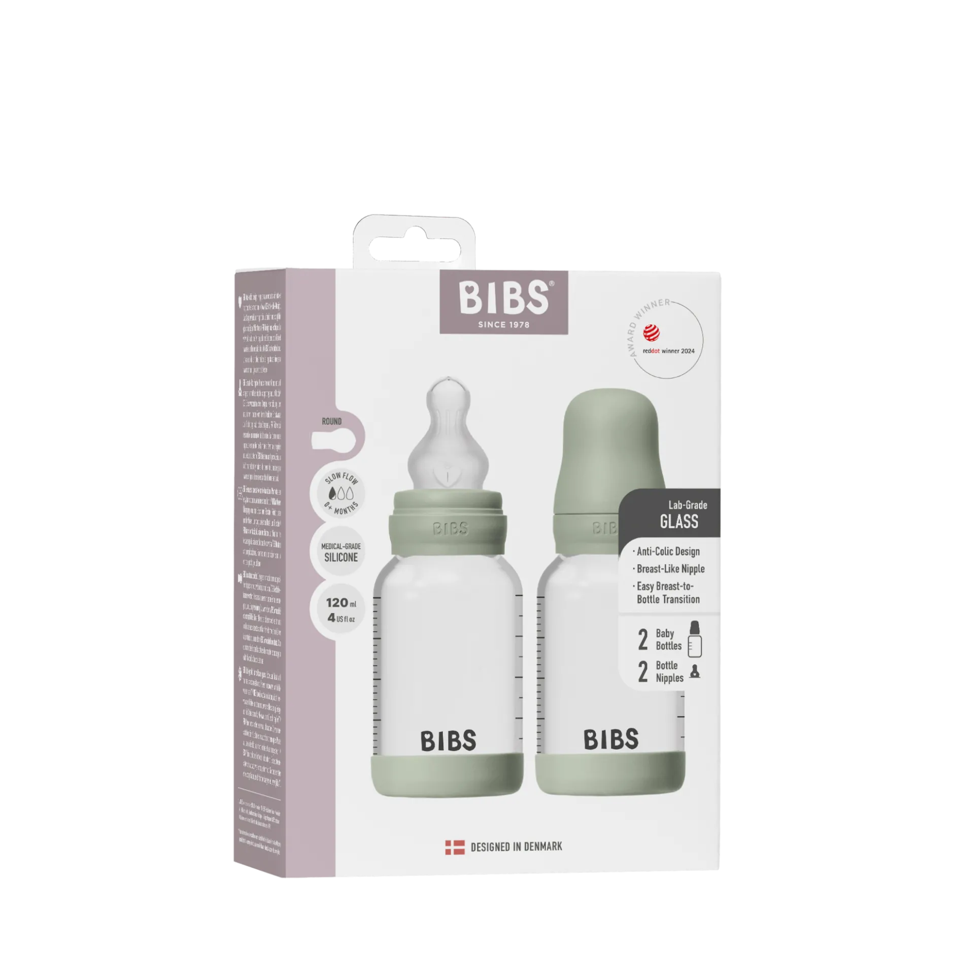 BIBS Glass Baby Bottle Round Silicone Slow Flow Sage 120 ml 2 st