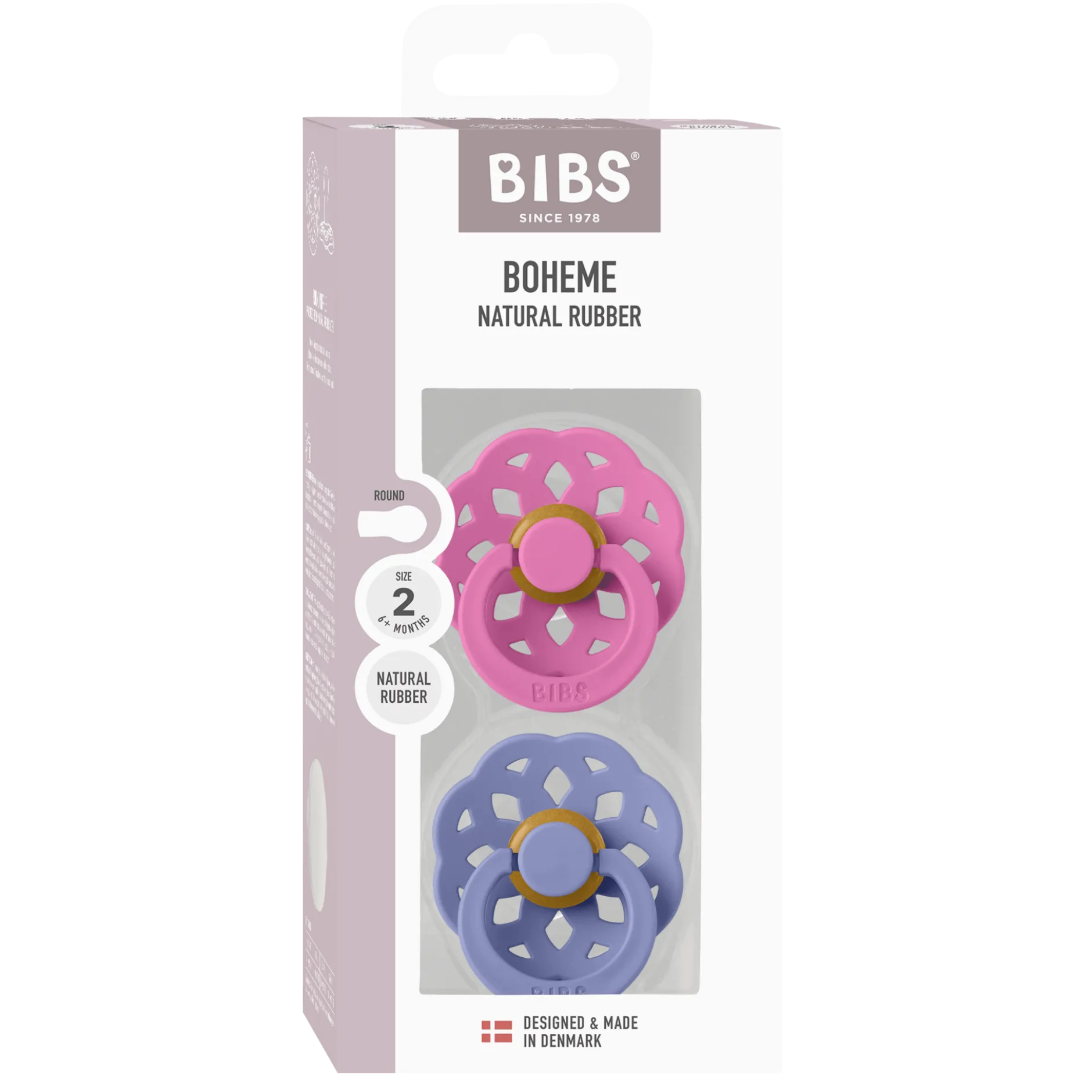 BIBS Pacifier Boheme Latex 6+ månader Size 2 Bubblegum/Peri 2 st