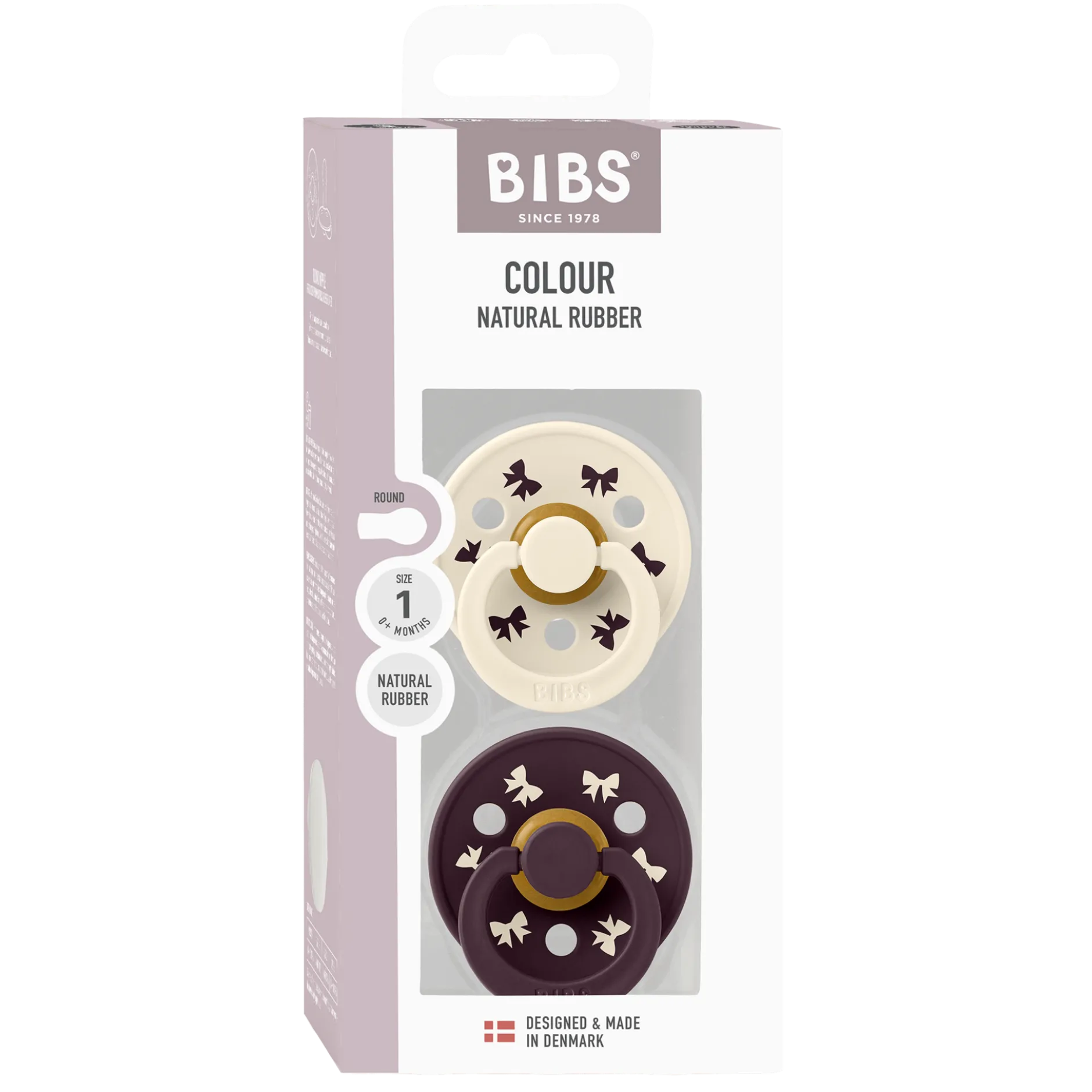 BIBS Pacifier Colour Holiday Bow Latex 0+ Månader Size 1 Ivory/Plum 2 st
