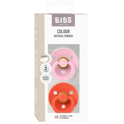 BIBS Pacifier Colour 2 PACK Anatomical Latex Size 2 Baby Pink/Tango