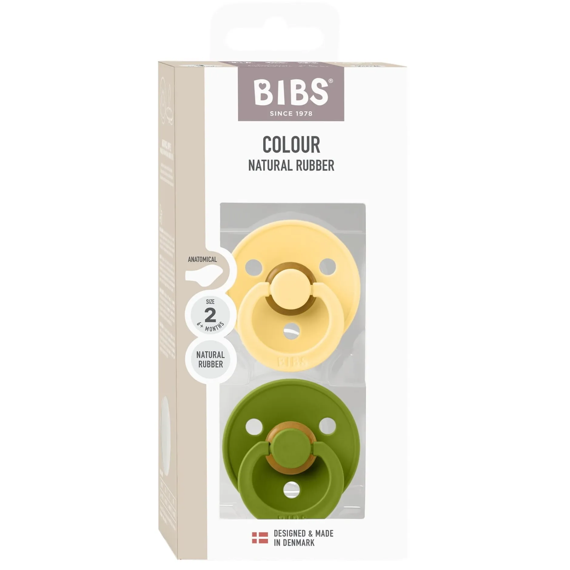 BIBS Pacifier Colour 2 PACK Anatomical Latex Size 2 Pale Butter/Wasabi