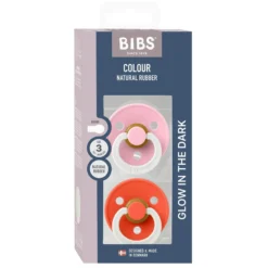 BIBS Pacifier Colour 2 PACK Latex Size 3 Baby Pink GLOW/Tango GLOW