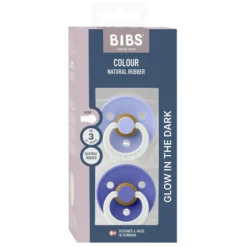 BIBS Pacifier Colour 2 PACK Latex Size 3 Hush GLOW/Grape GLOW