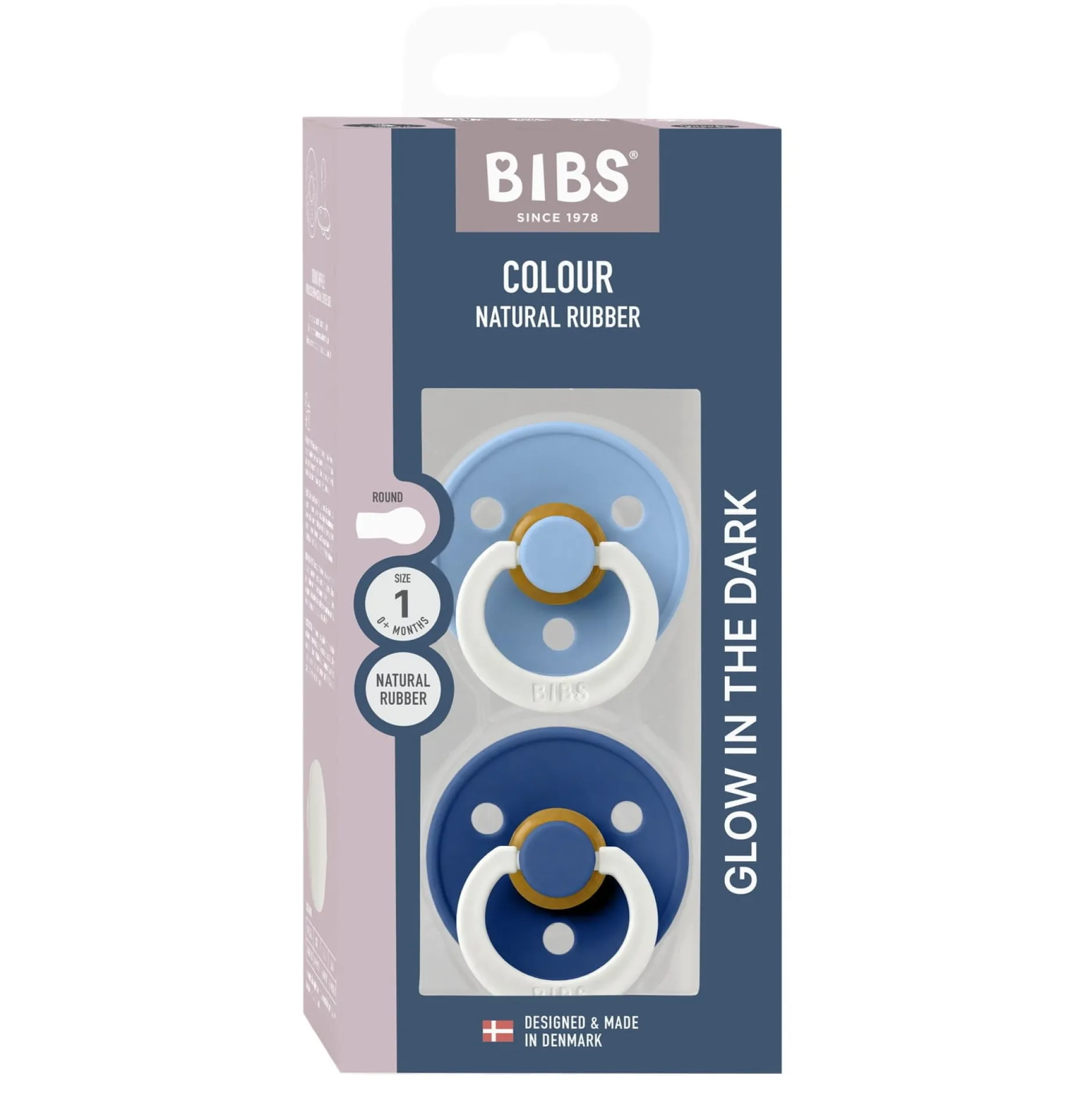 BIBS Pacifier Colour 2 PACK Latex Size 1 Sky Blue GLOW/Cornflower GLOW