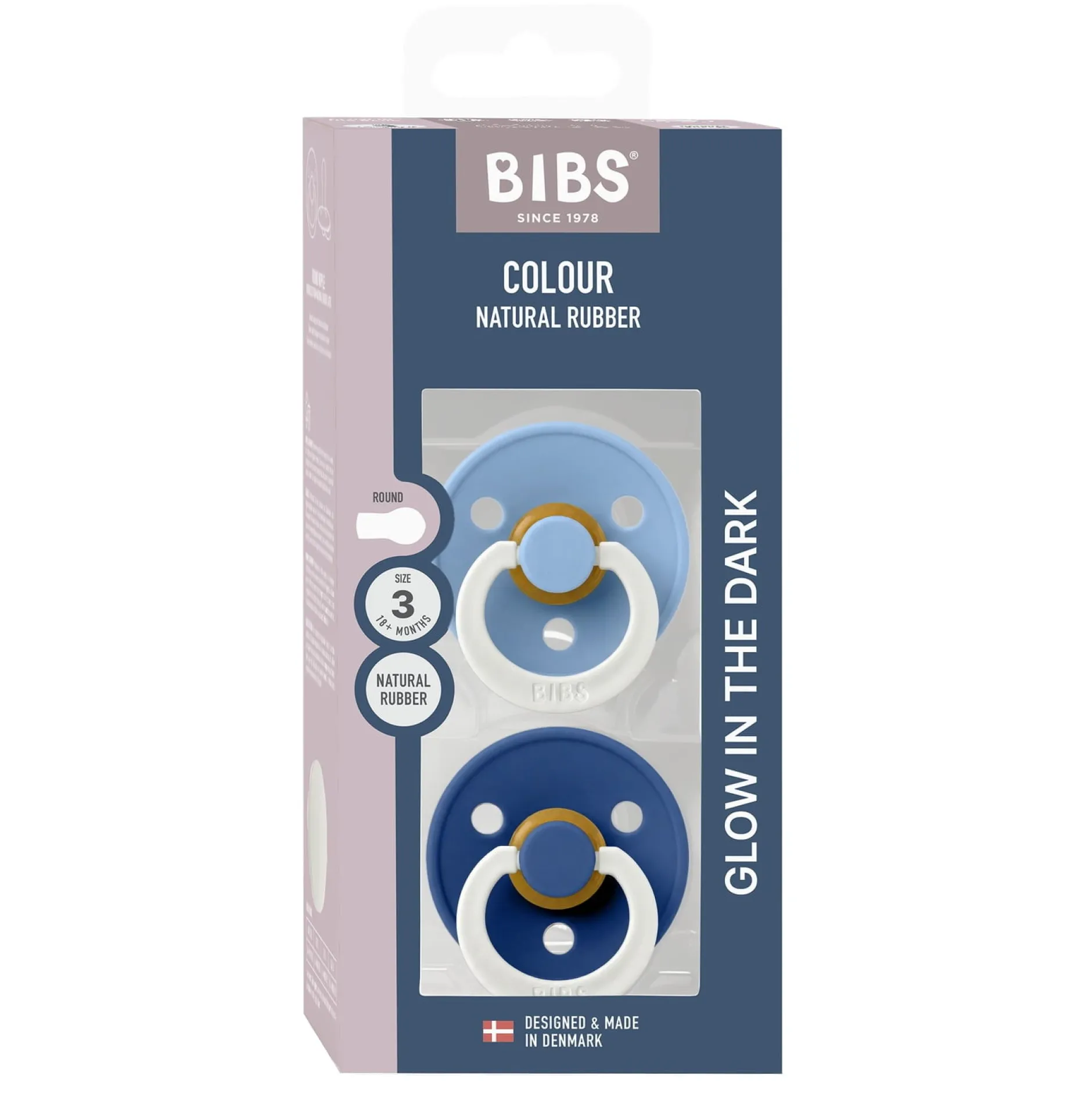 BIBS Pacifier Colour 2 PACK Latex Size 3 Sky Blue GLOW/Cornflower GLOW