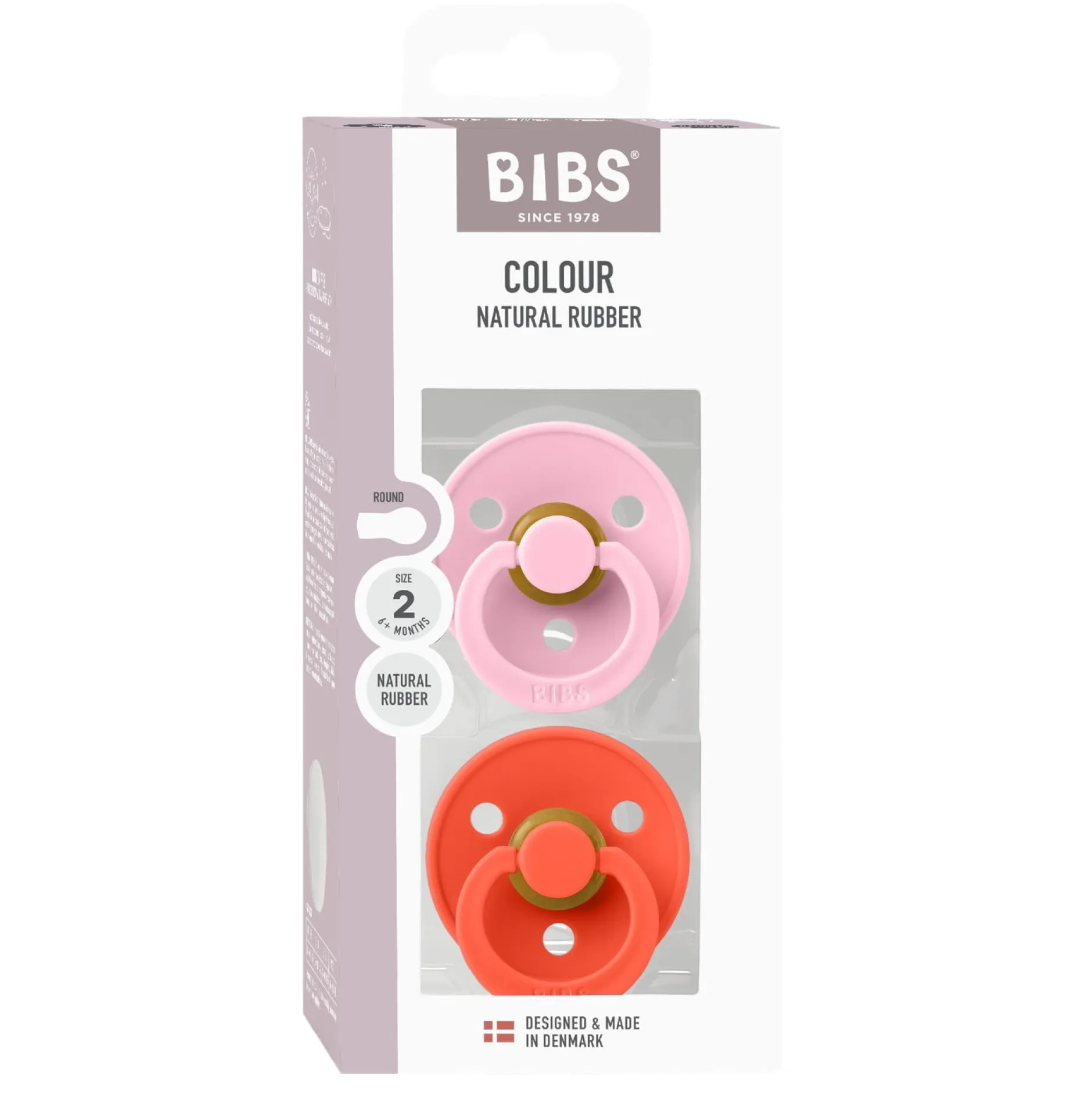 BIBS Pacifier Colour 2 PACK Latex Size 2 Baby Pink/Tango