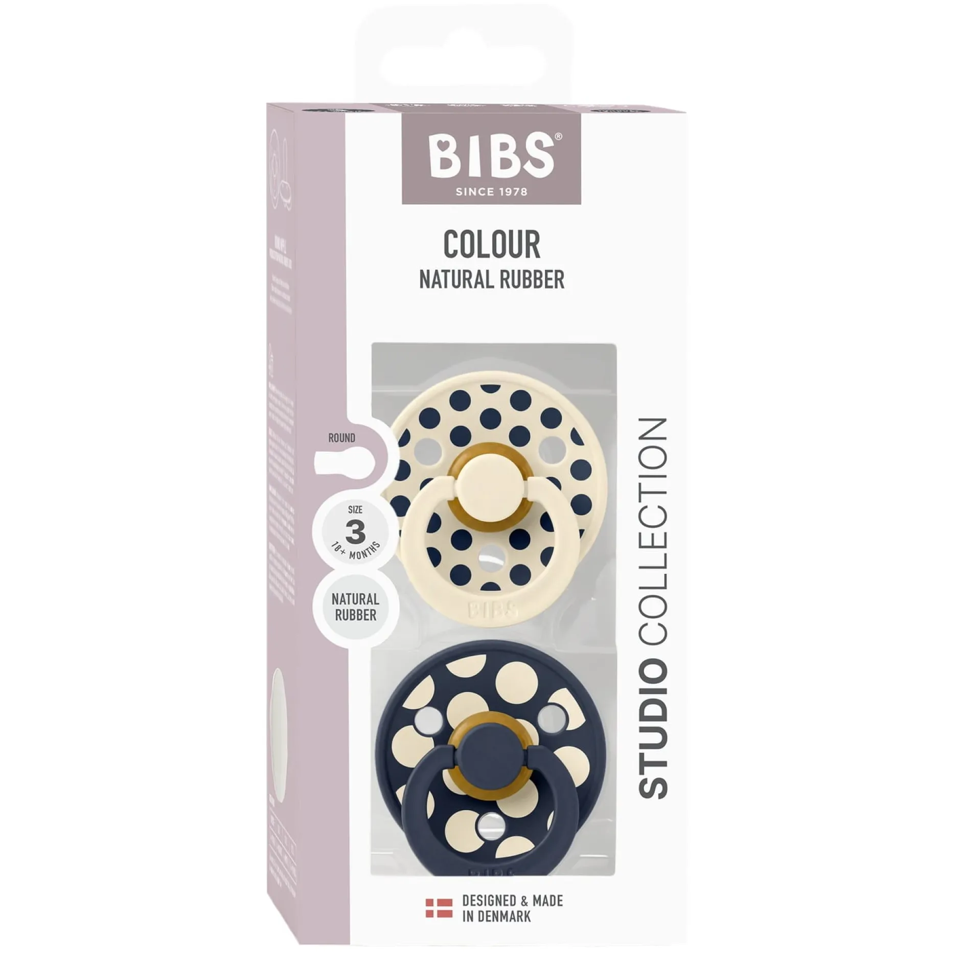 BIBS Pacifier Studio Colour 2 PACK Polka Mix Latex Size 3 Ivory/Deep Space