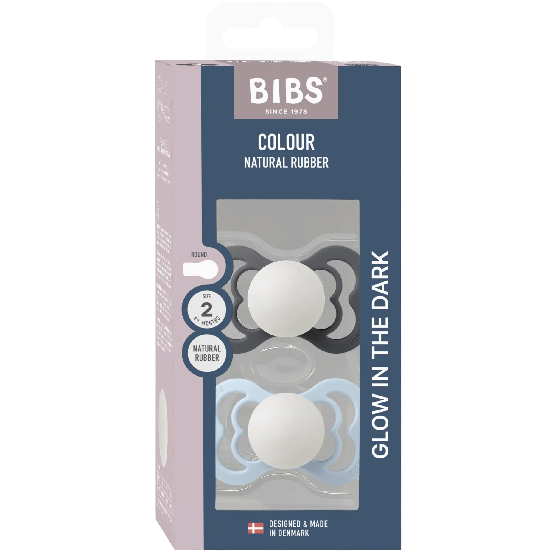BIBS Pacifier Supreme Silicone Size 2 Iron Glow/Baby Blue Glow 2 st