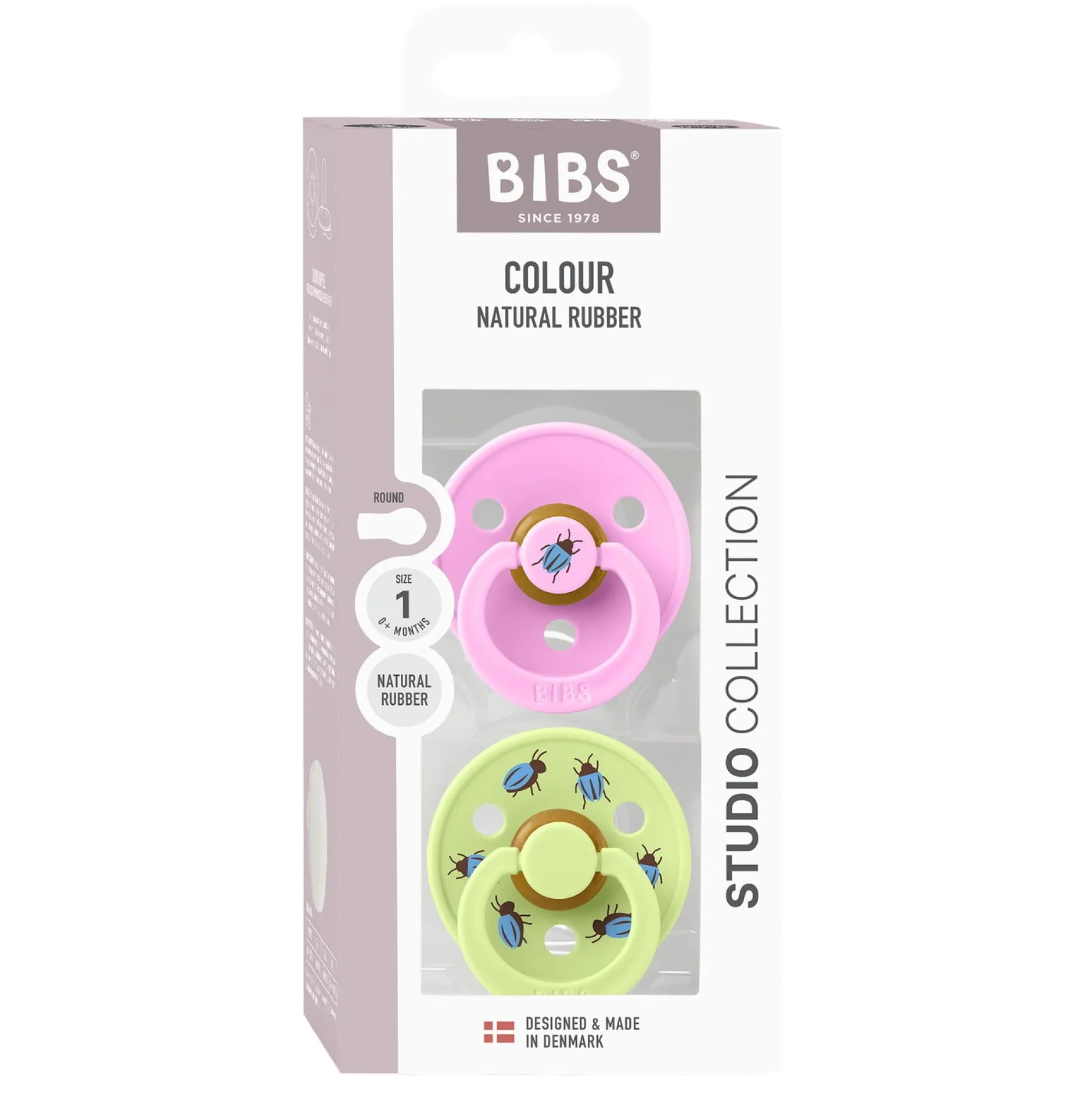 BIBS Studio Colour Pacifier Beetle Mix 2 pack Latex Size 1 Round Ballet/Matcha