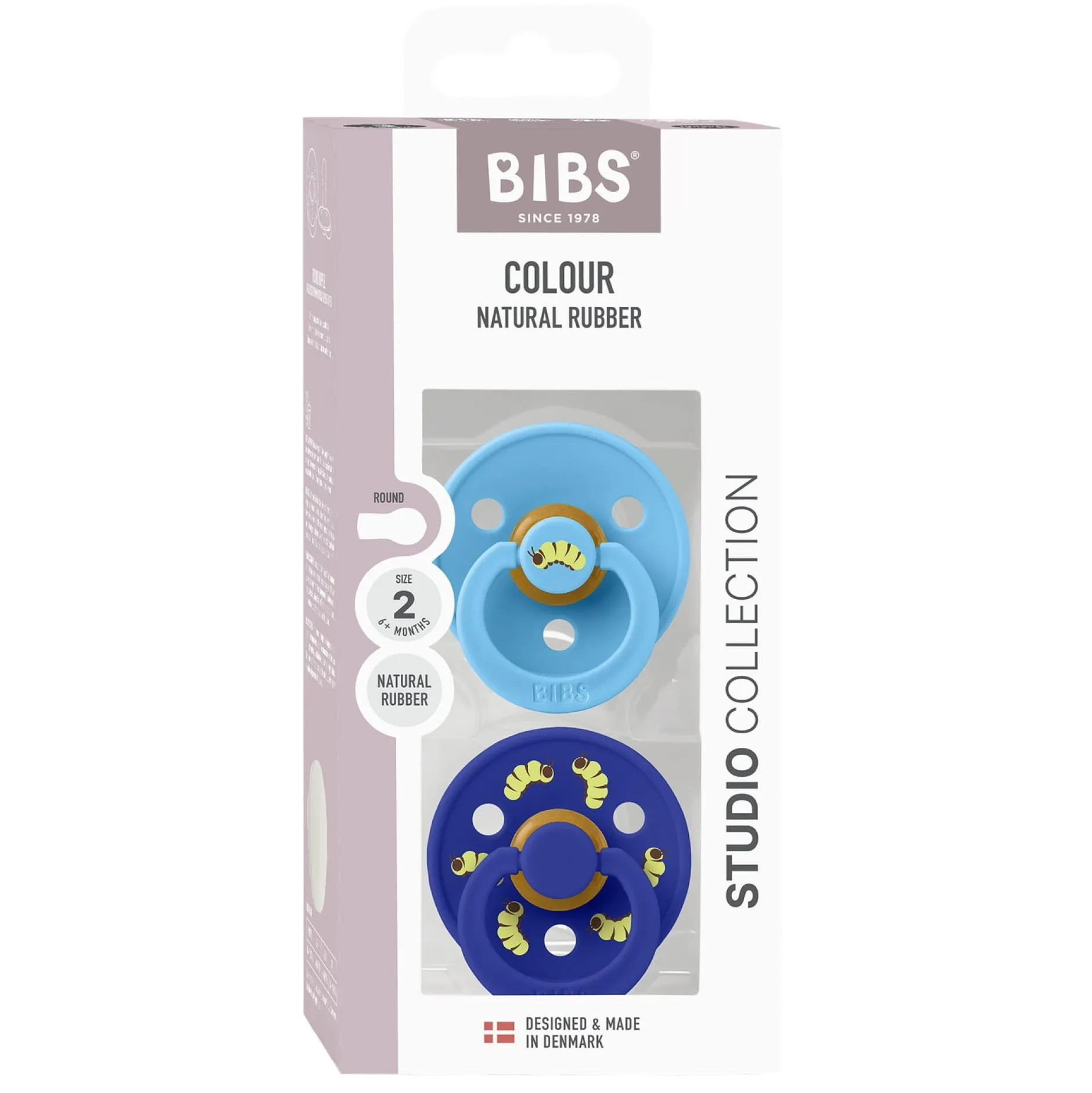 BIBS Studio Colour Pacifier Caterpillar Mix 2 pack Latex Size 2 Round Breeze/Sonic