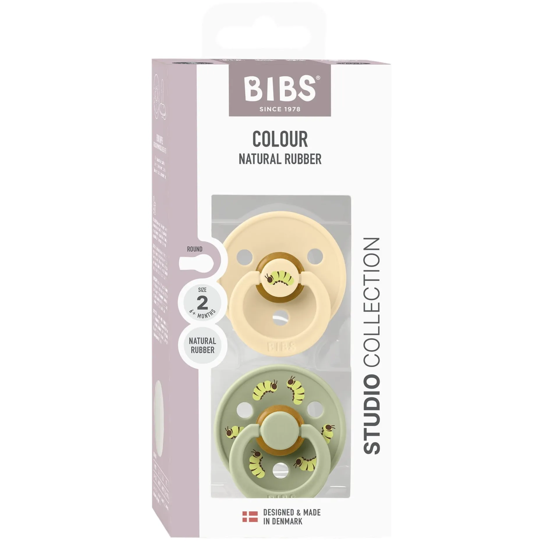 BIBS Studio Colour Pacifier Caterpillar Mix 2 pack Latex Size 2 Round Silk/Sage