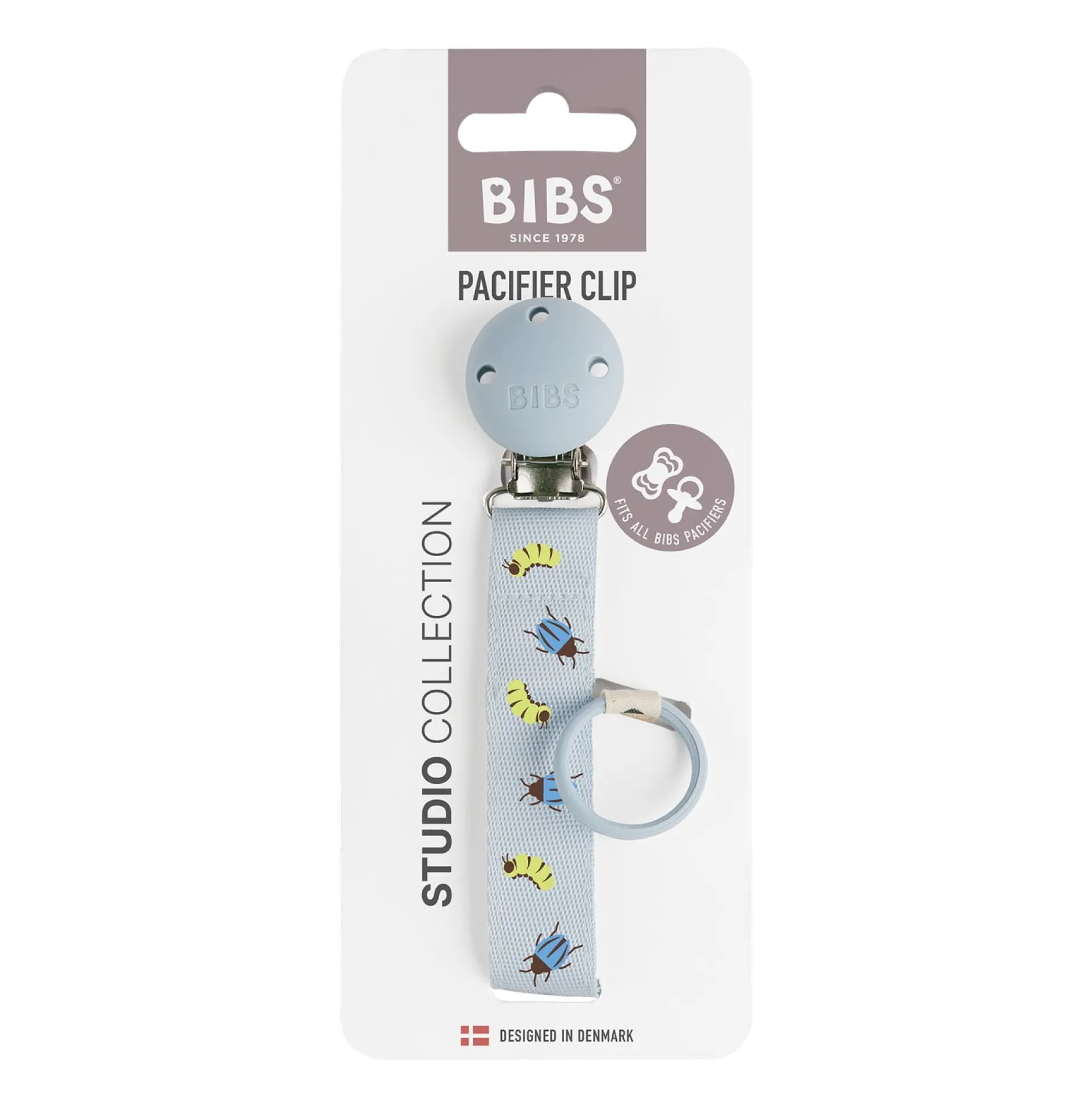BIBS Studio Pacifier Clip Ribbon Caterpillar Beetle Mix Dusty Blue