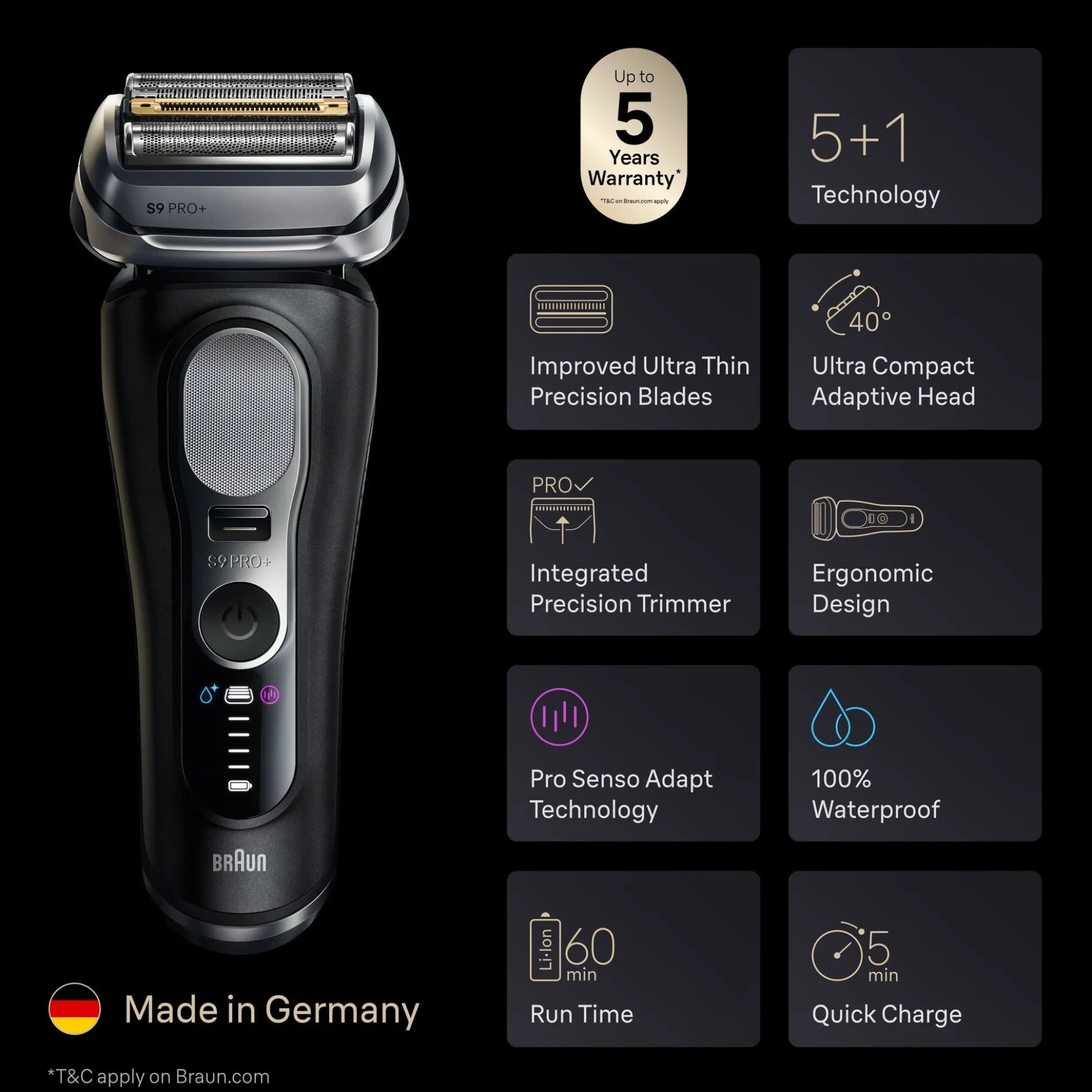 Braun Series 9 PRO+ Elektrisk Rakapparat, Pro SensoAdapt, 60 min, 9600S, Svart