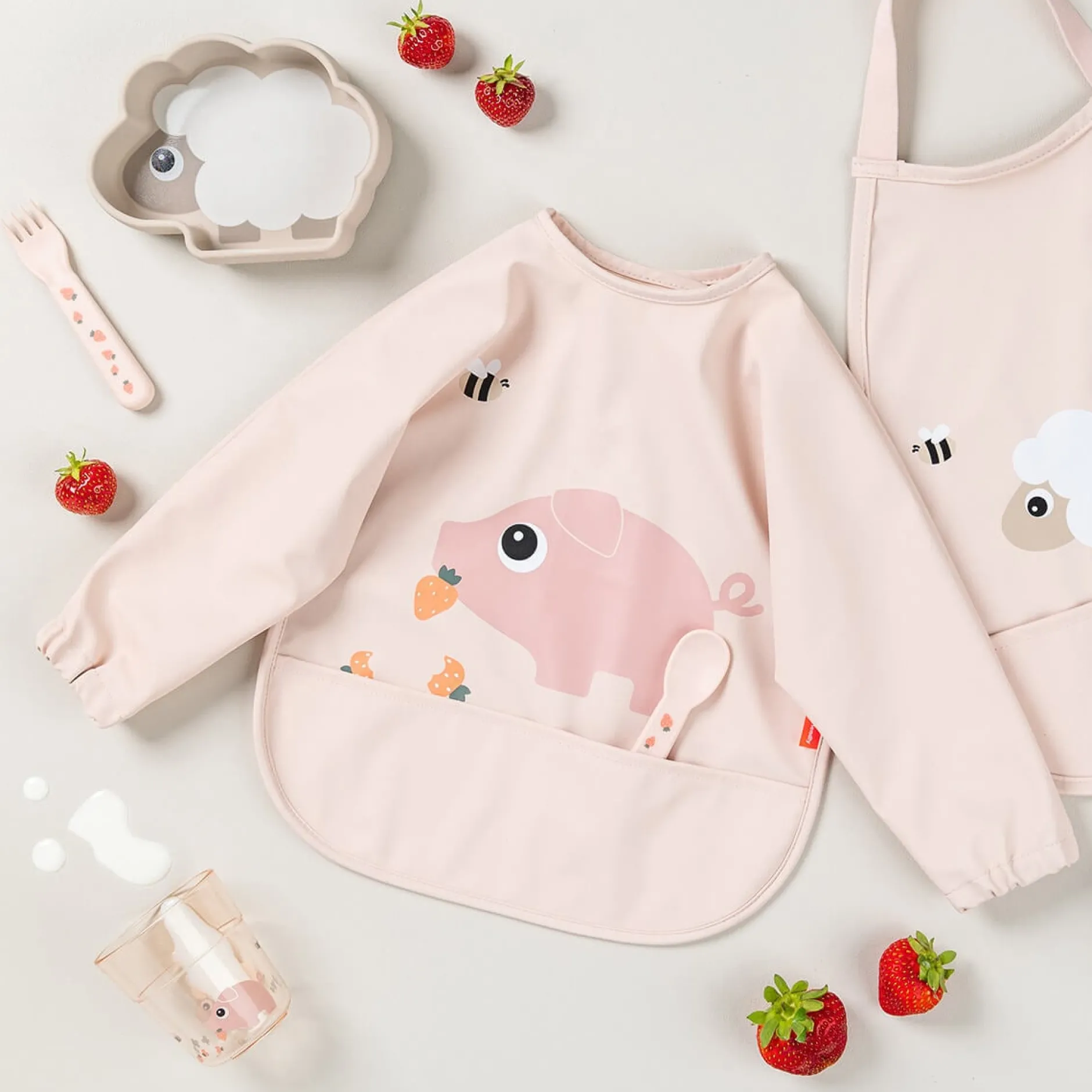 Done by Deer Sleeved Pocket Bib Tiny Farm Powder