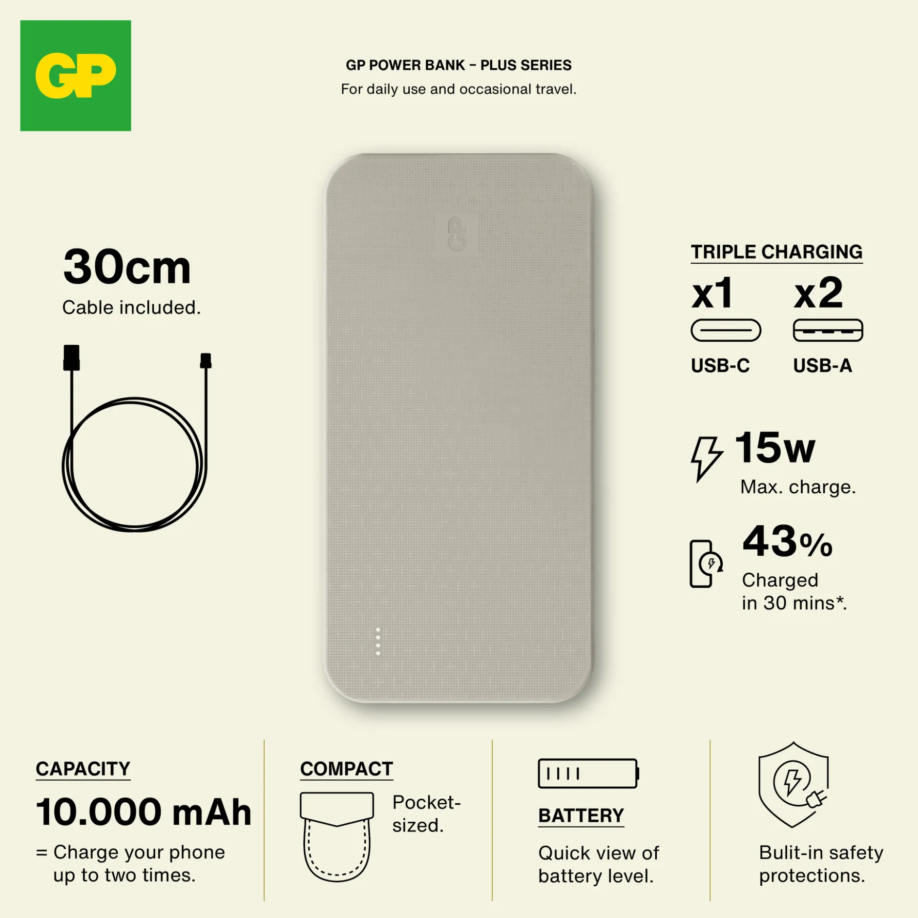 GP Powerbank Plus 10000mAh Cream