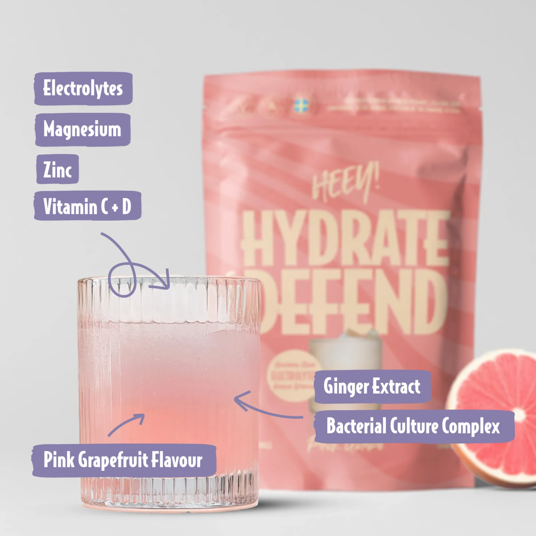 Heey! Hydrate & Defend Electrolytes Pink Grape 240 g
