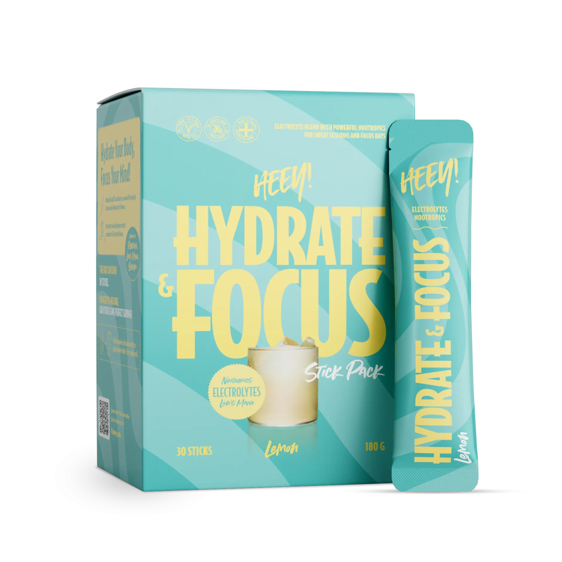 Heey! Hydrate & Focus Elektrolyter + Lions Mane Lemon 30 st