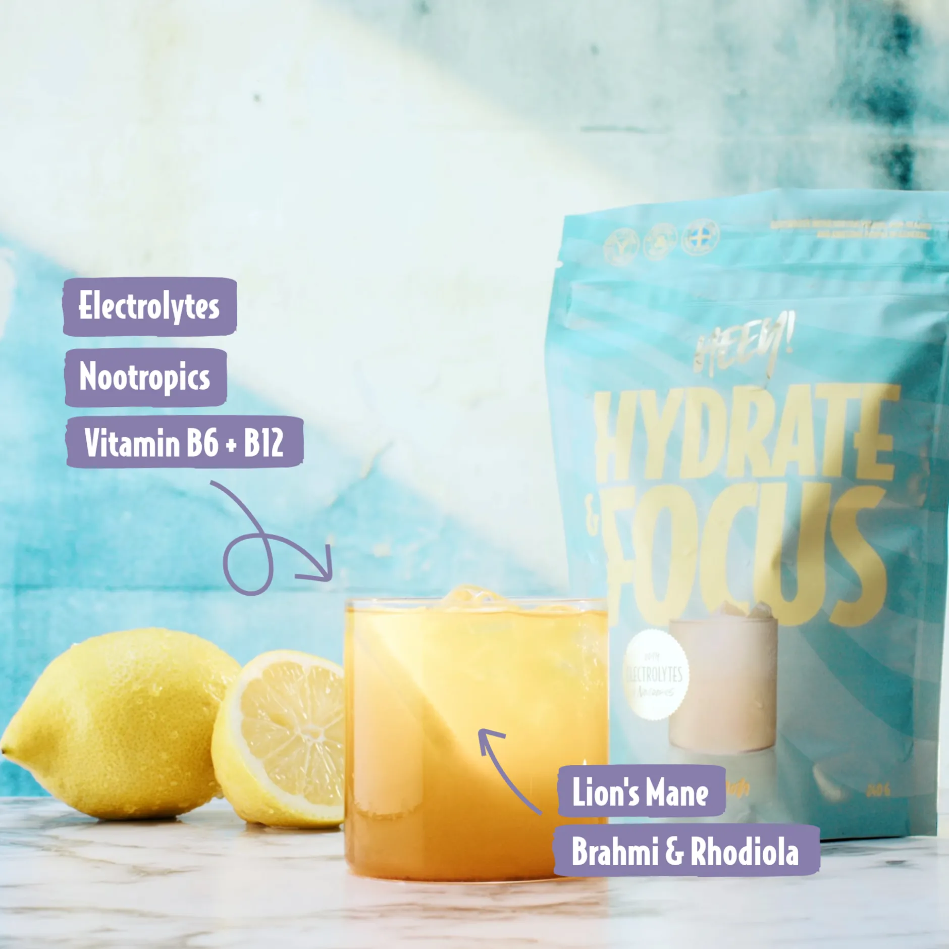 Heey! Hydrate & Focus Elektrolyter + Lions Mane Lemon 240g