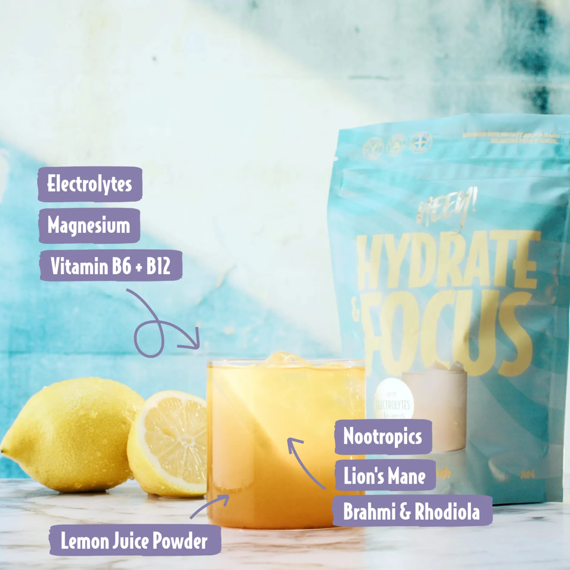 Heey! Hydrate & Focus Elektrolyter Raspberry Lemonade 240 g