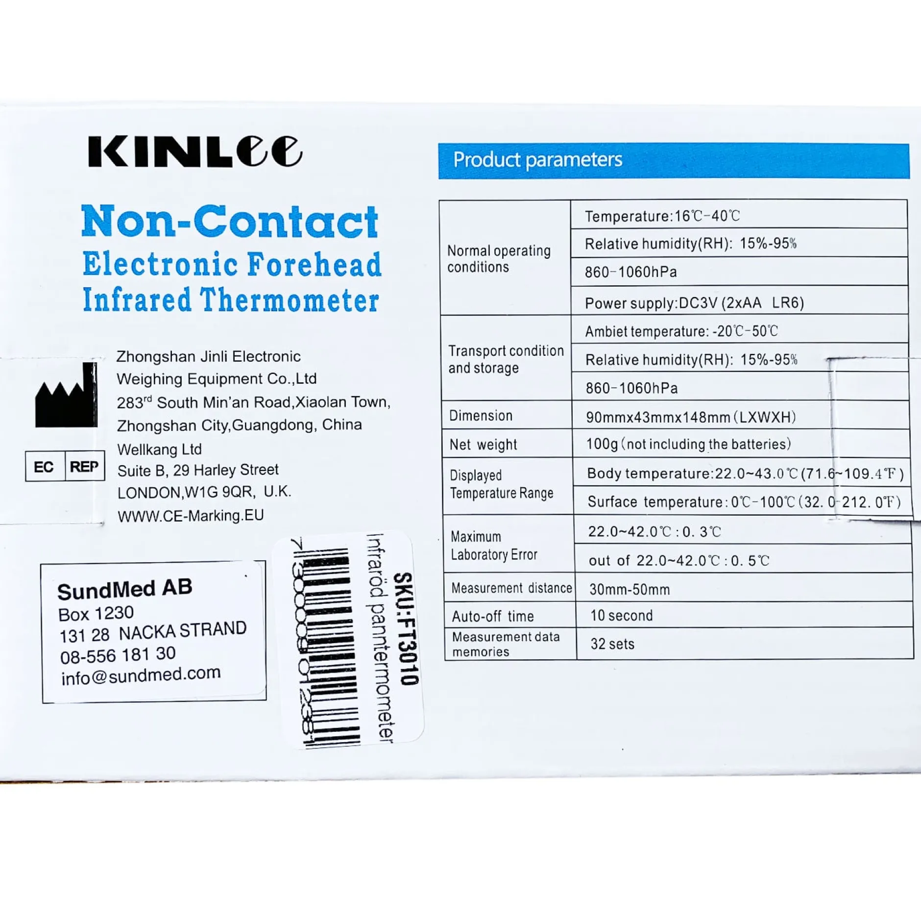 KINLee FT3010 Elektronisk Infraröd Panntermometer