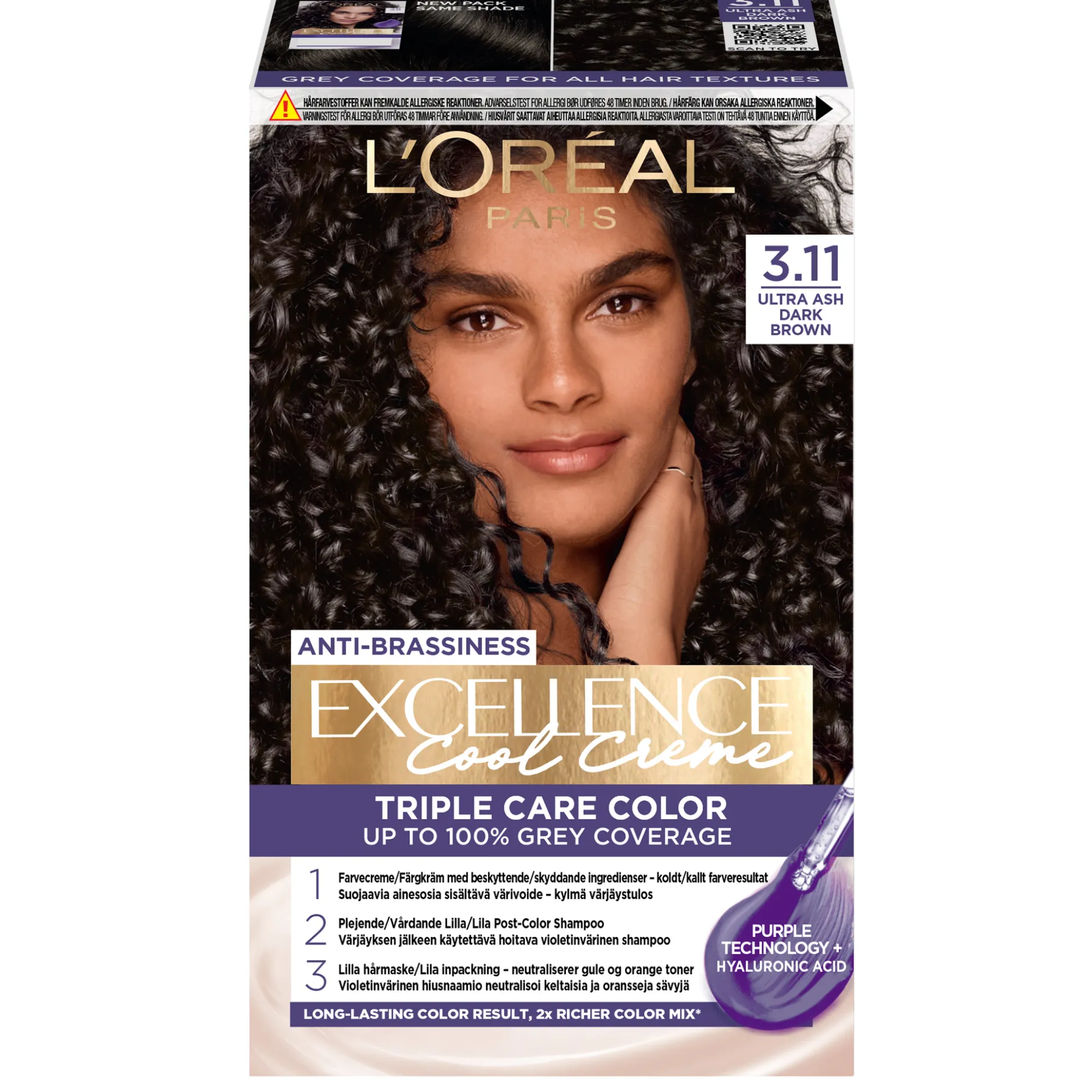 L'Oréal Paris Excellence Cool Creme Permanent Hårfärg för normalt hår 3.11 Ultra Ash Dark Brown 1 st