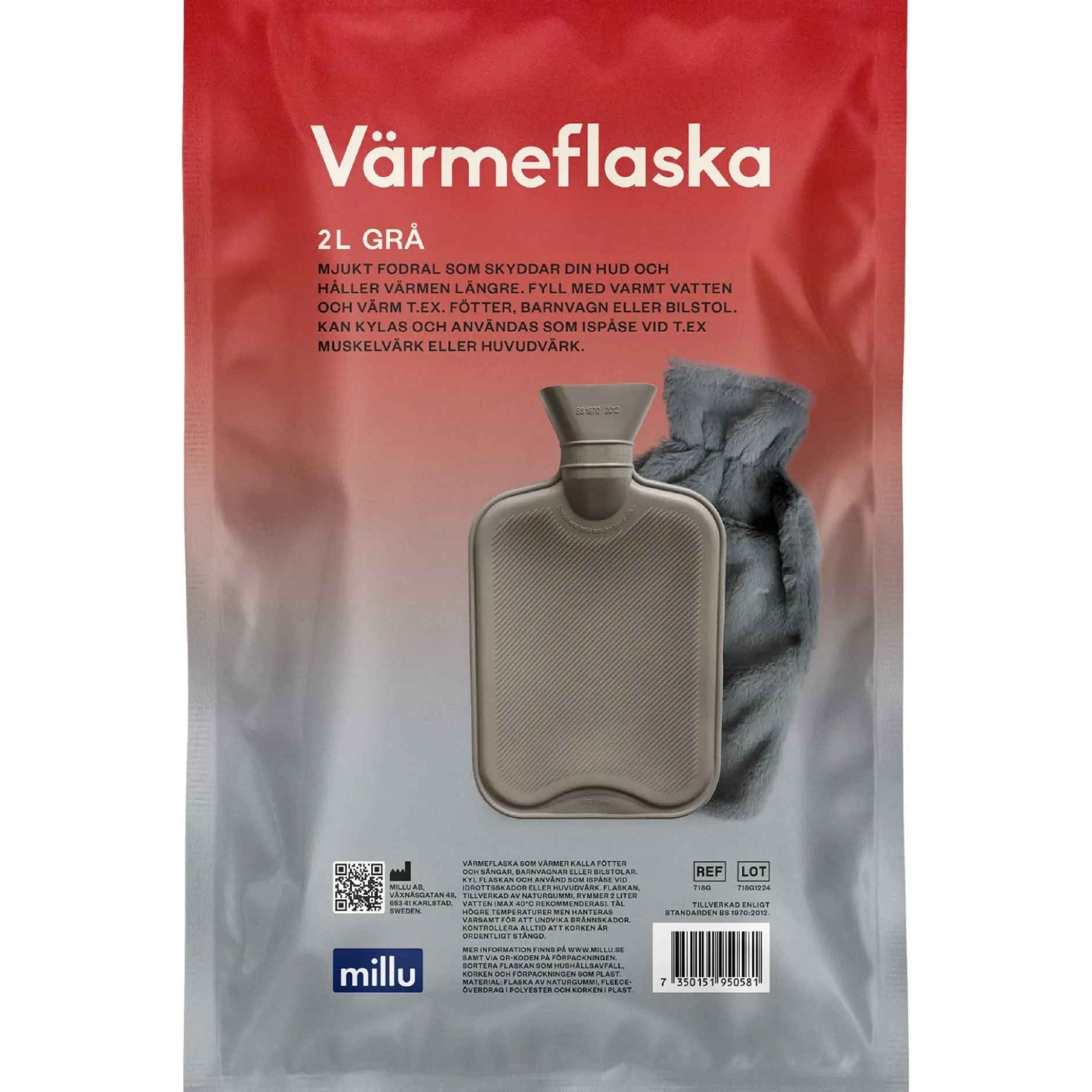 Millu Värmeflaska & Fleece Grå 2L
