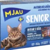 Mjau Senior Våtfoder Makrill, Lax, Kyckling, Nötfärs 12 st x 85g