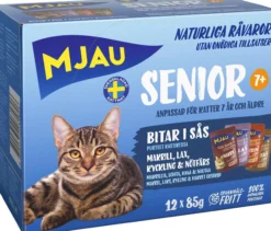 Mjau Senior Våtfoder Makrill, Lax, Kyckling, Nötfärs 12 st x 85g