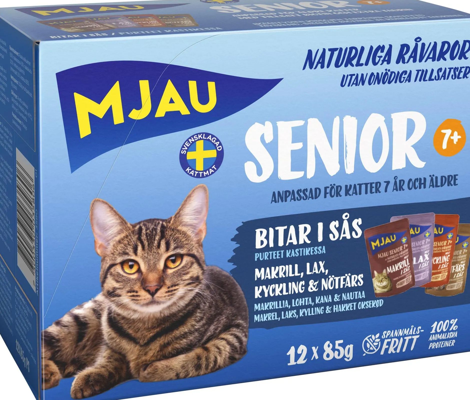 Mjau Senior Våtfoder Makrill, Lax, Kyckling, Nötfärs 12 st x 85g