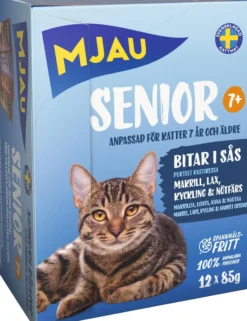 Mjau Senior Våtfoder Makrill, Lax, Kyckling, Nötfärs 12 st x 85g