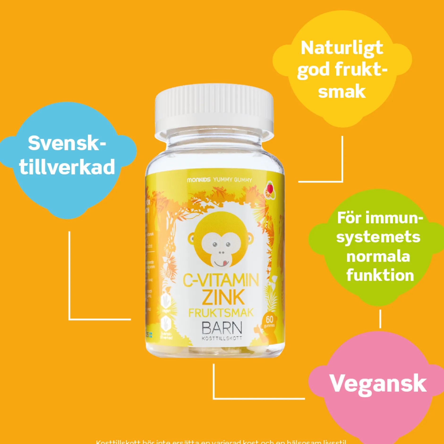 Monkids C-vitamin + Zink Barn Fruktsmak 60 tuggtabletter