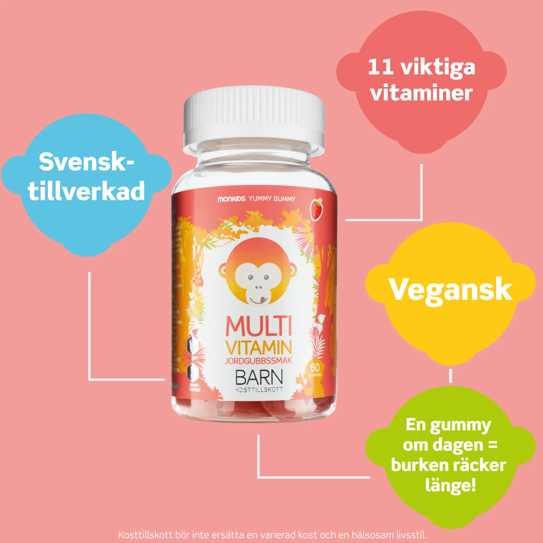 Monkids Multivitamin Jordgubb Barn 60 tuggtabletter