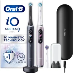 Oral-B iO 9 Eltandborste Duopack, Svart och Rosa, 3 tandborsthuvuden, 1 laddningsbart resefodral