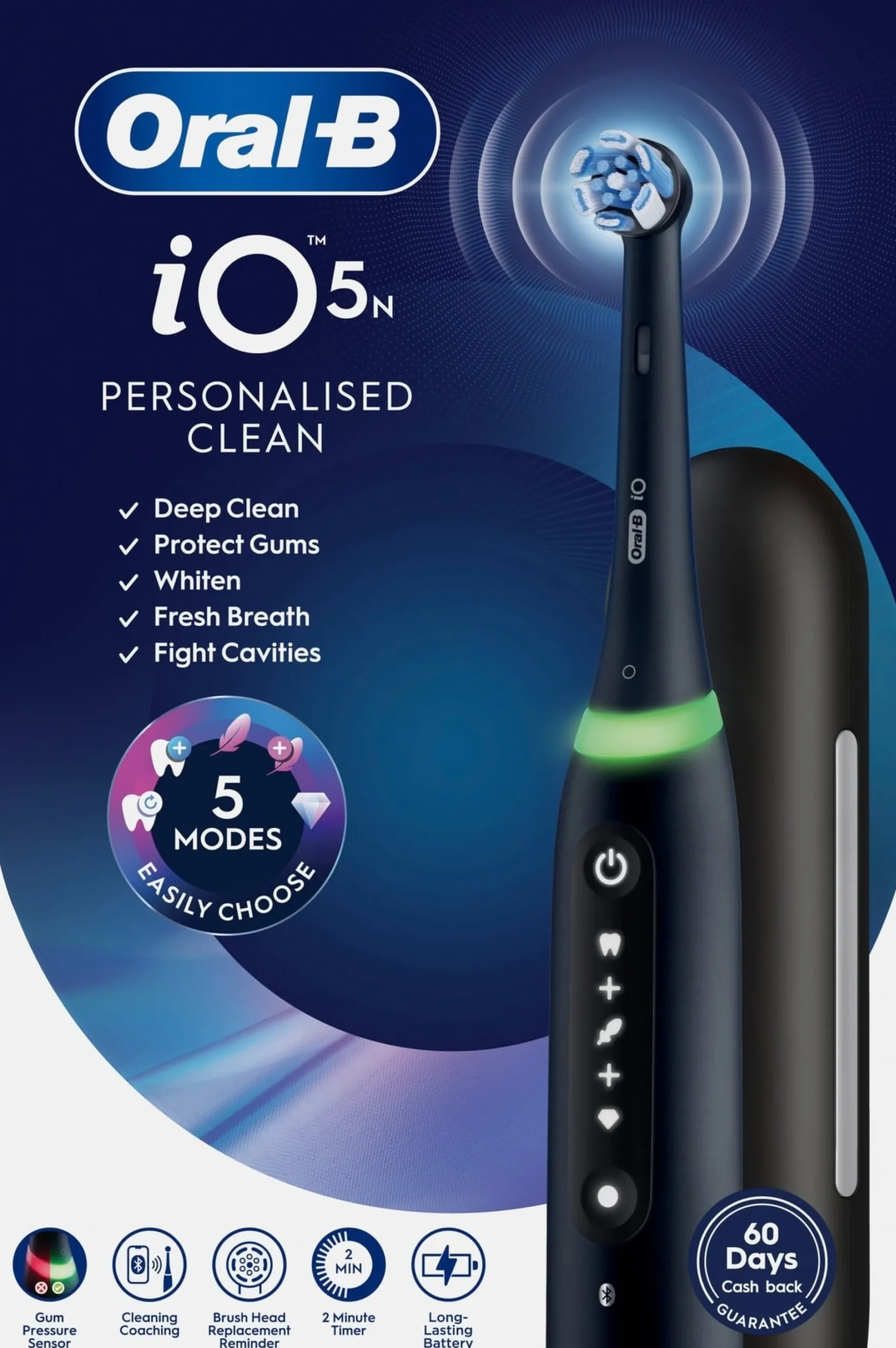 Oral-B iO5 Eltandborste Svart 1 Tandborsthuvud, Resefodral & Hållare till borsthuvud 1 st