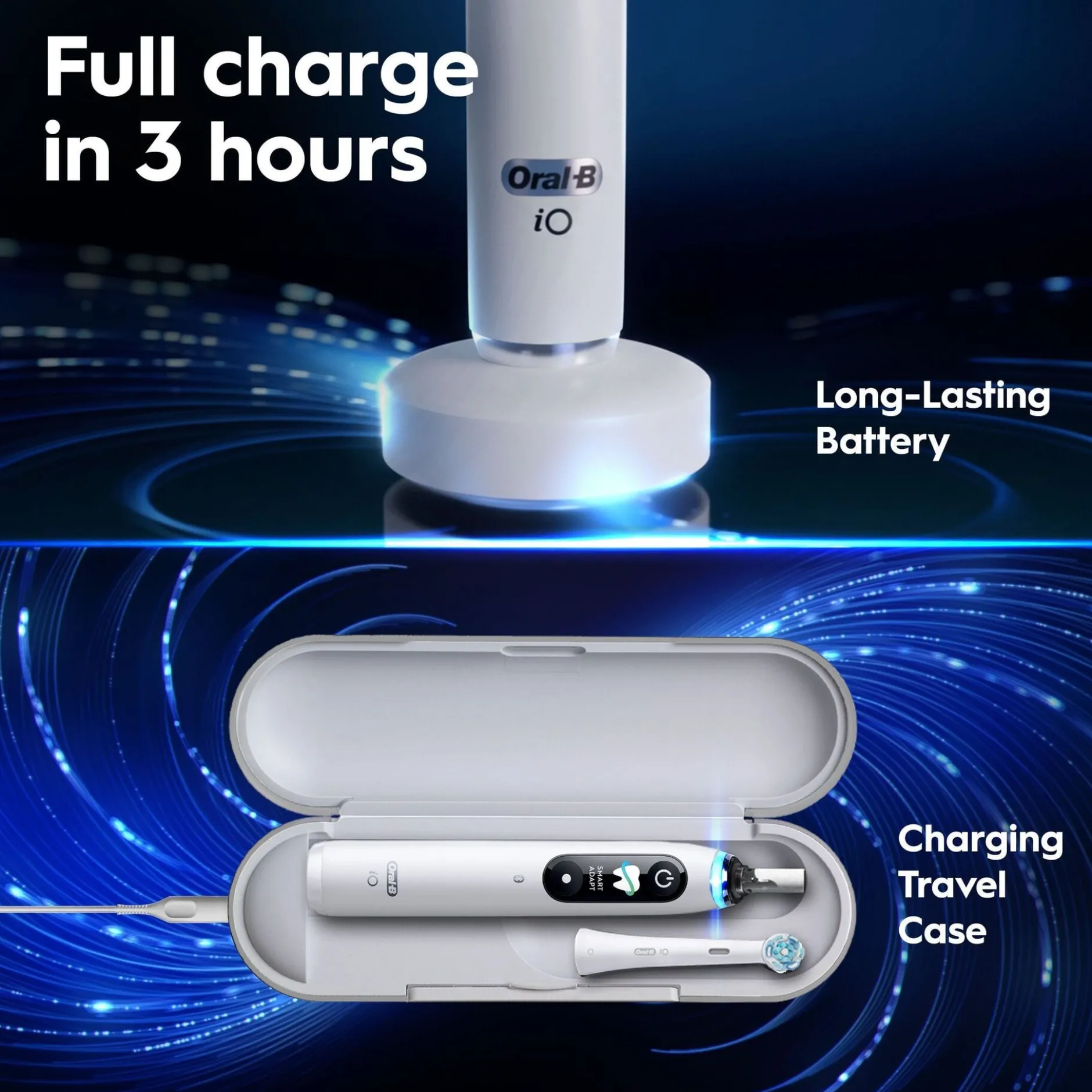 Oral-B iO9 Eltandborste Vit 2 Tandborsthuvuden, Resefodral med laddare & Hållare till borsthuvud