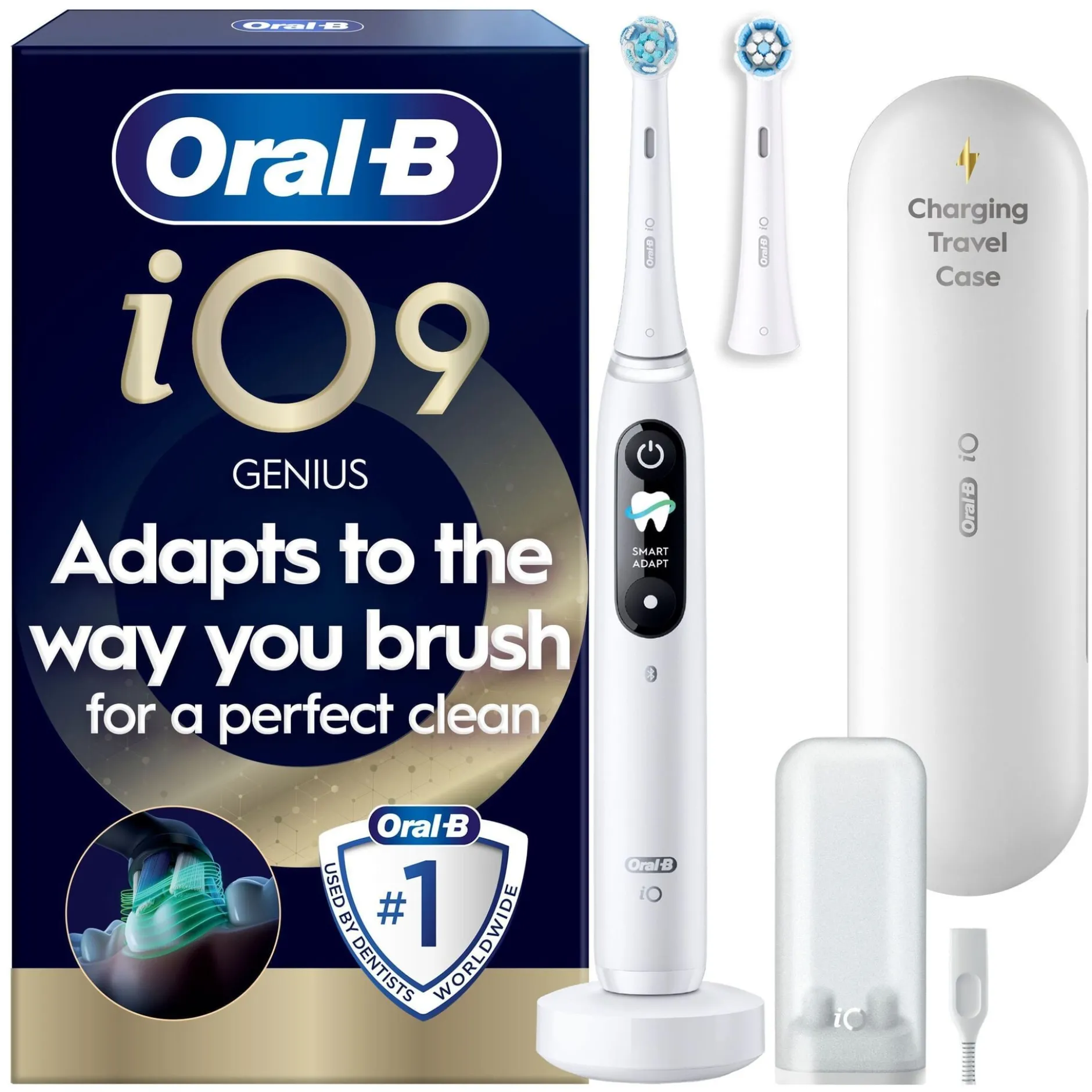 Oral-B iO9 Eltandborste Vit 2 Tandborsthuvuden, Resefodral med laddare & Hållare till borsthuvud