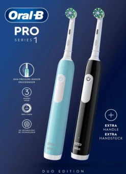 Oral-B Pro 1 Duopack, blå och svart eltandborste, 2 tandborsthuvuden