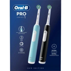 Oral-B Pro 1 Duopack, blå och svart eltandborste, 2 tandborsthuvuden